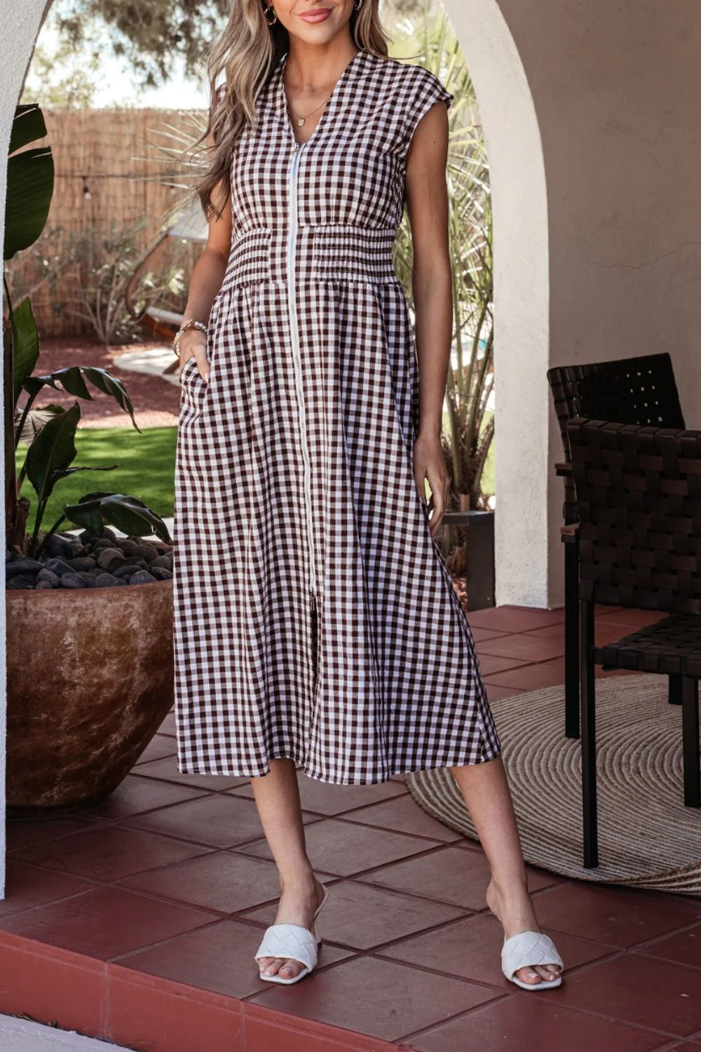 Gingham Zip-Front Midi Dress - Image 4