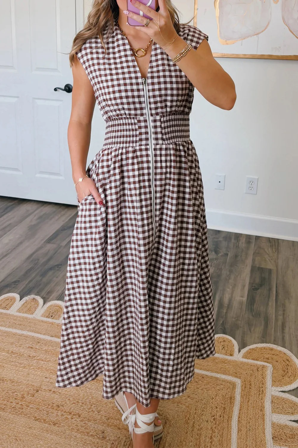 Gingham Zip-Front Midi Dress - Image 7