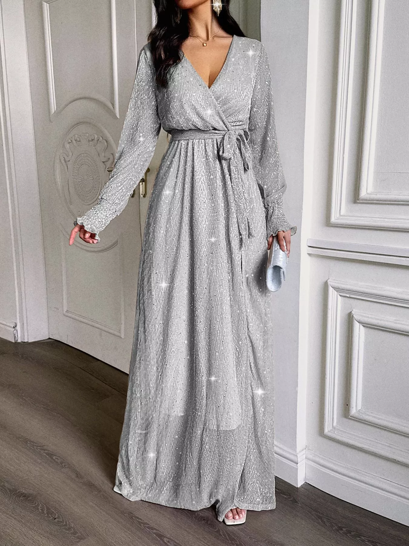Glittering Surplice Long Sleeve Slit Maxi Dress - Image 2