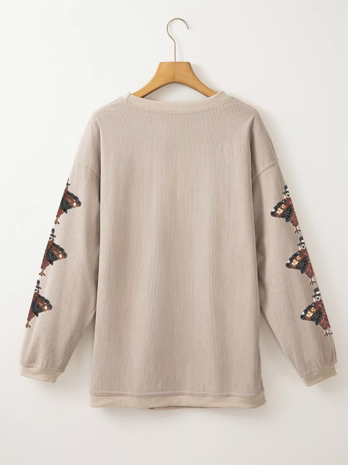 Gobble Corded Ribbed Thanksgiving Turkey Sequin Patched Sleeve Sweatshirt - Image 6