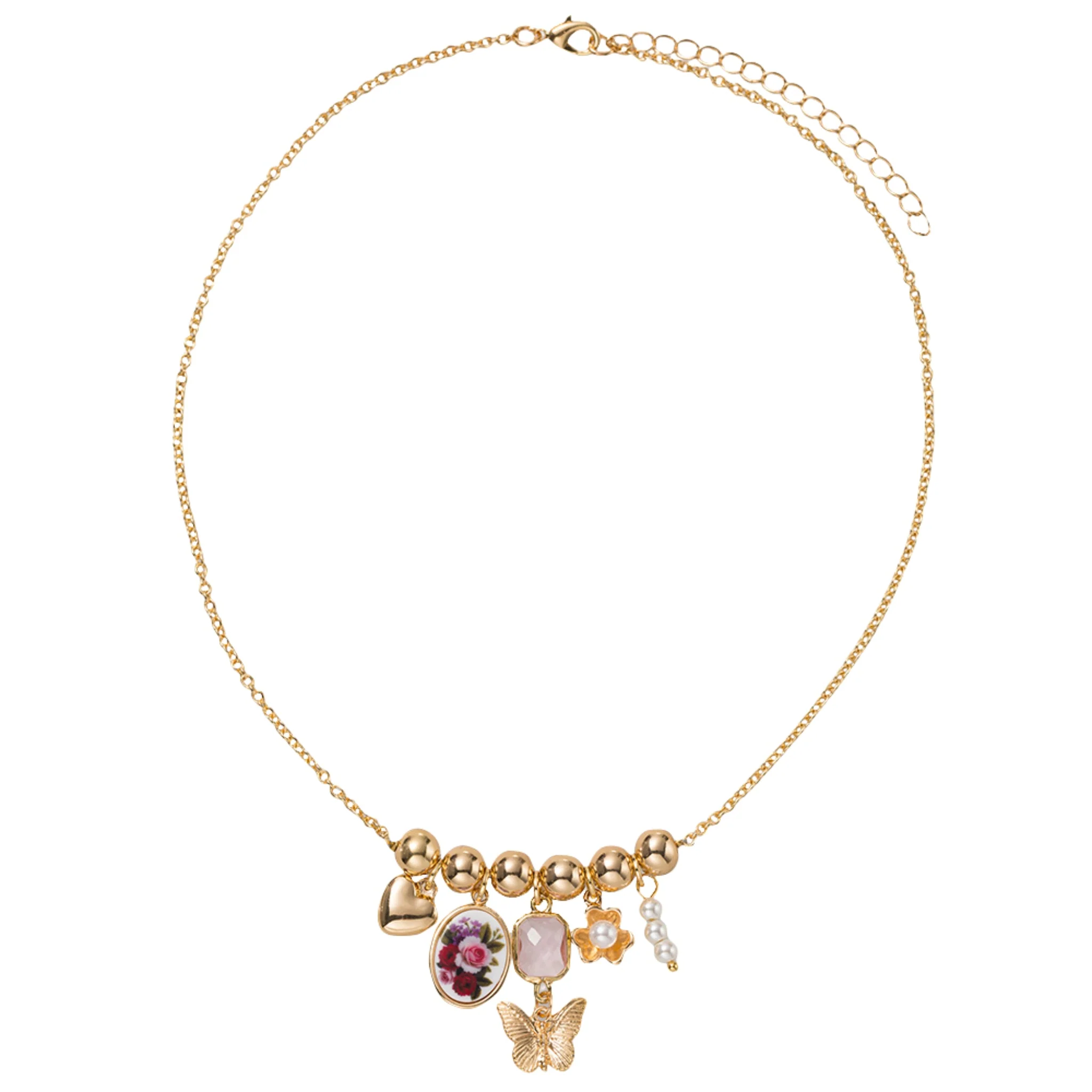 Gold Bead Bar with Heart, Floral Oval, Butterfly, Flower Charms O Chain Necklace