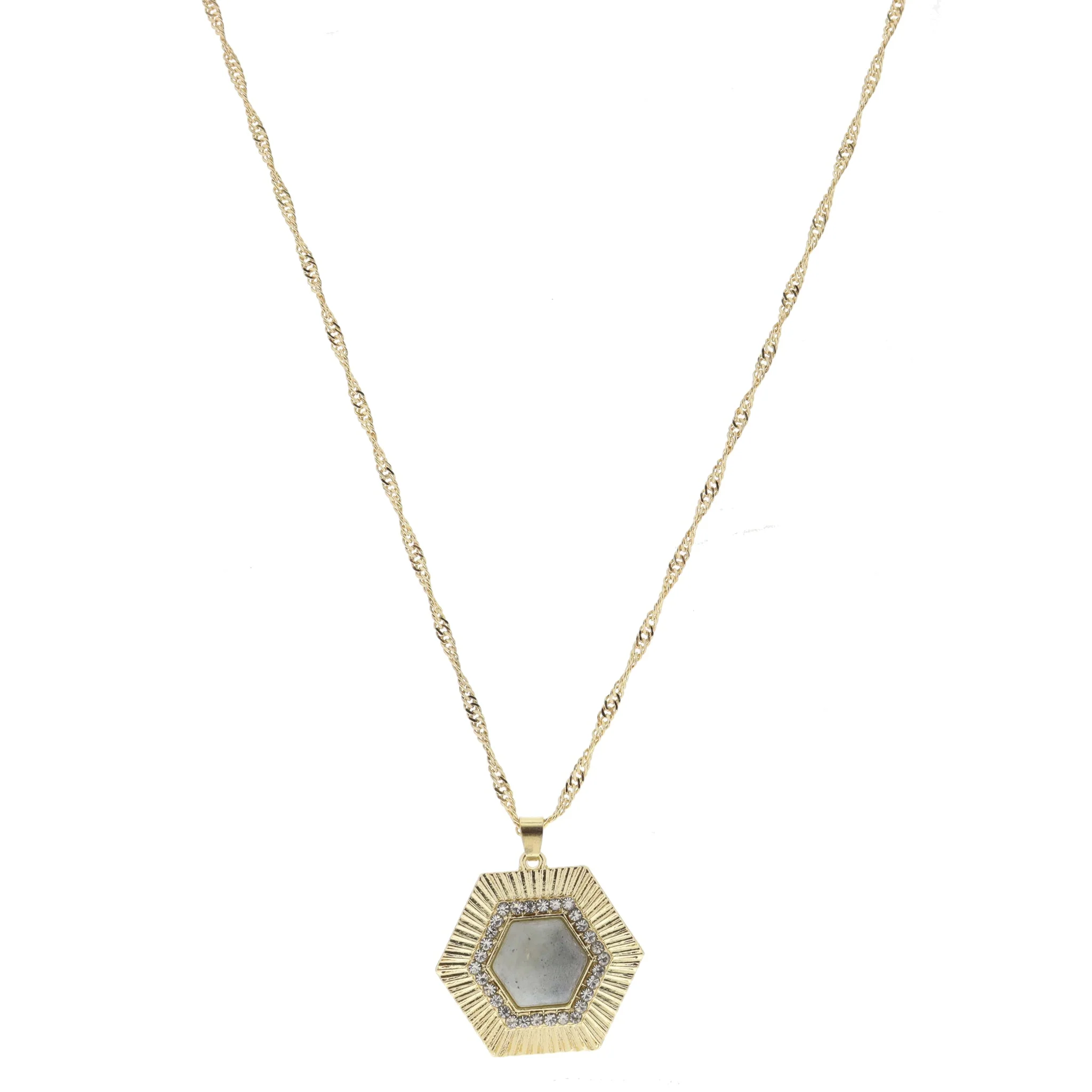 Gold Hexagon with Clear Crystals and Labradorite Hexagon Stone Necklace