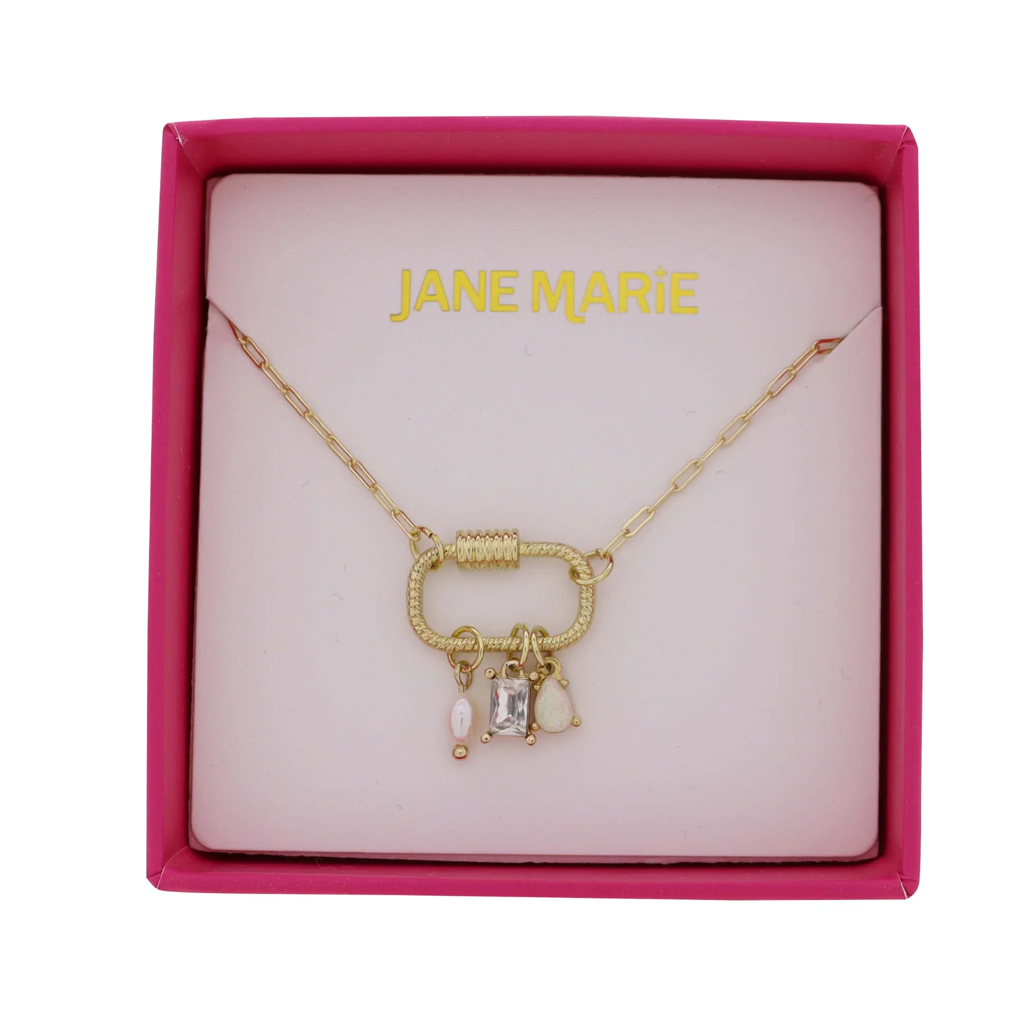 Gold Paperclip Chain Necklace with Carabiner with Pearl, Clear, Opal Charms