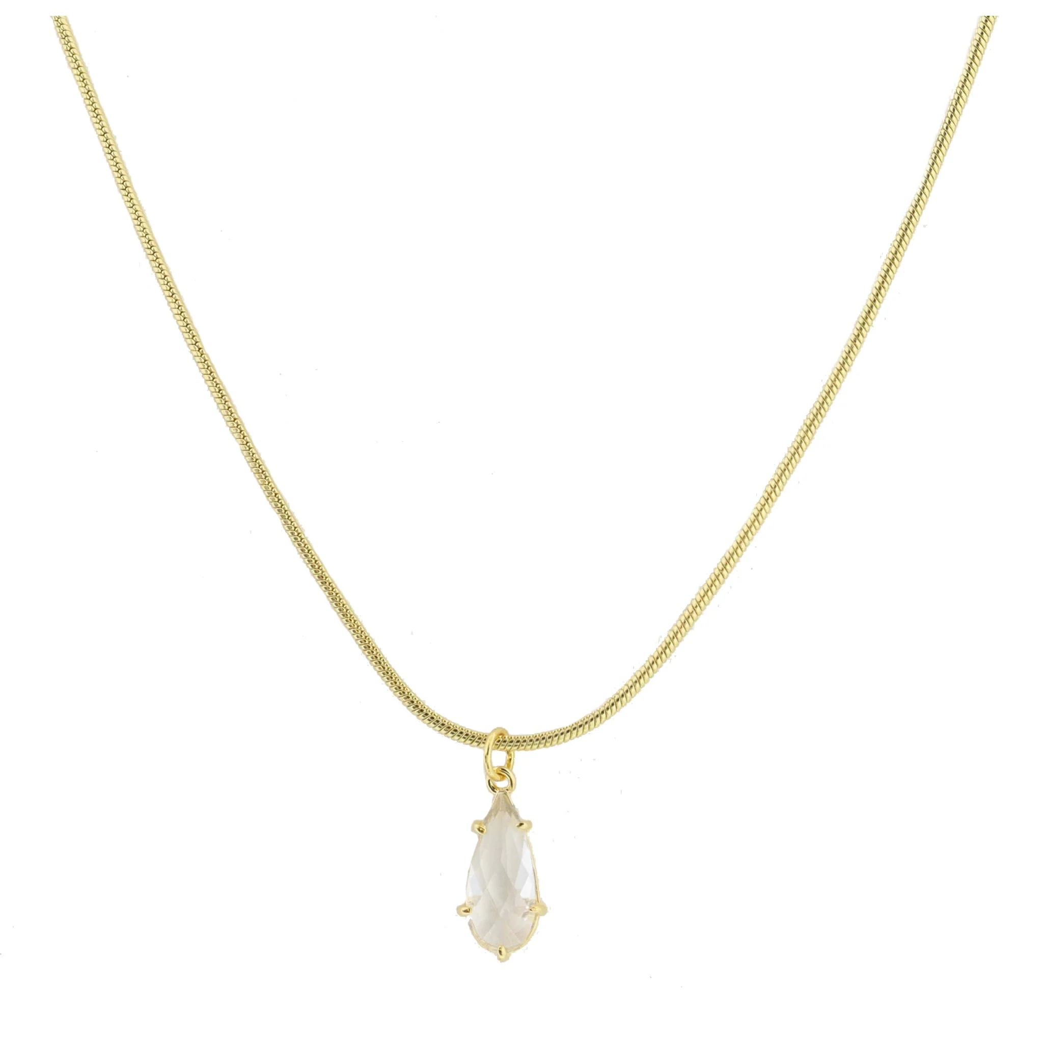Gold Petite Snake Chain with Clear Crystal Teardrop Necklace