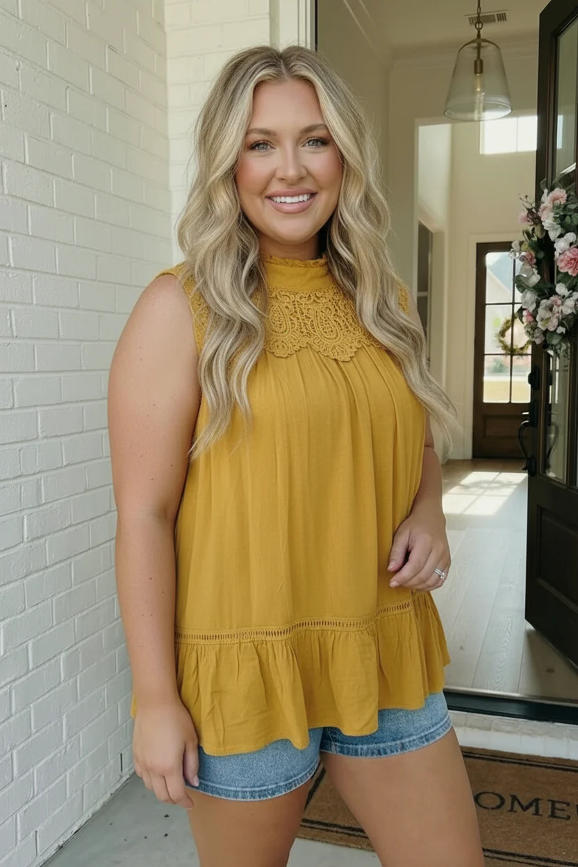 Golden Hour Lace Yoke Babydoll Top - Image 5