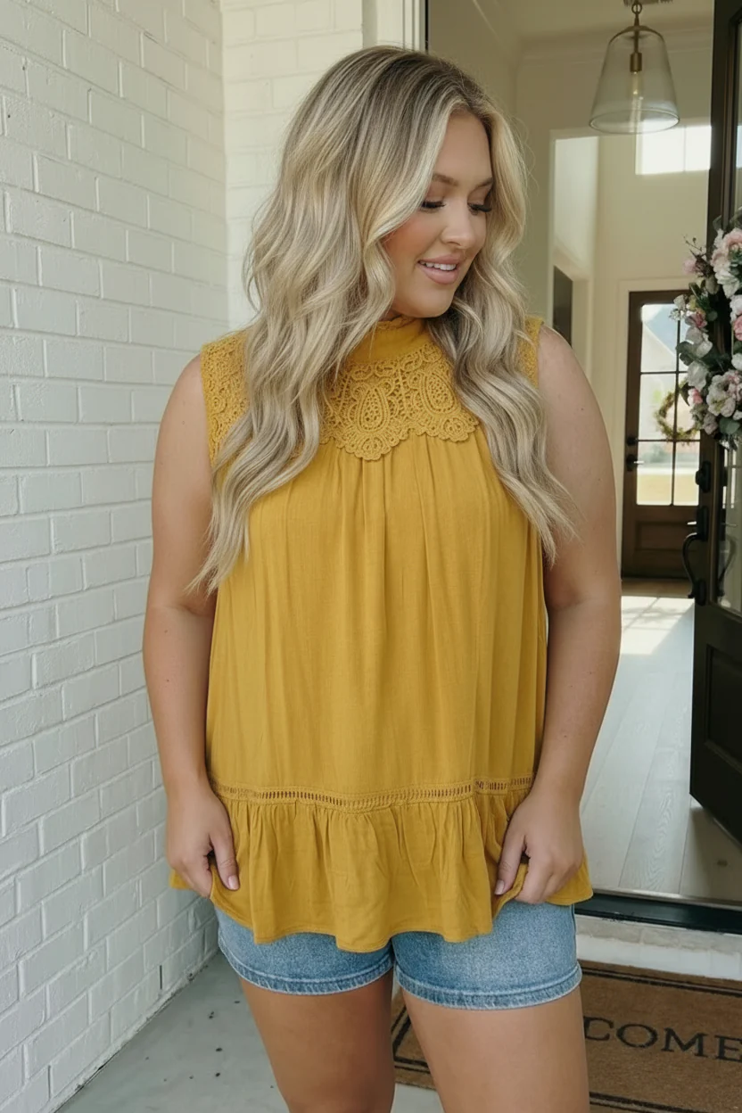Golden Hour Lace Yoke Babydoll Top - Image 7
