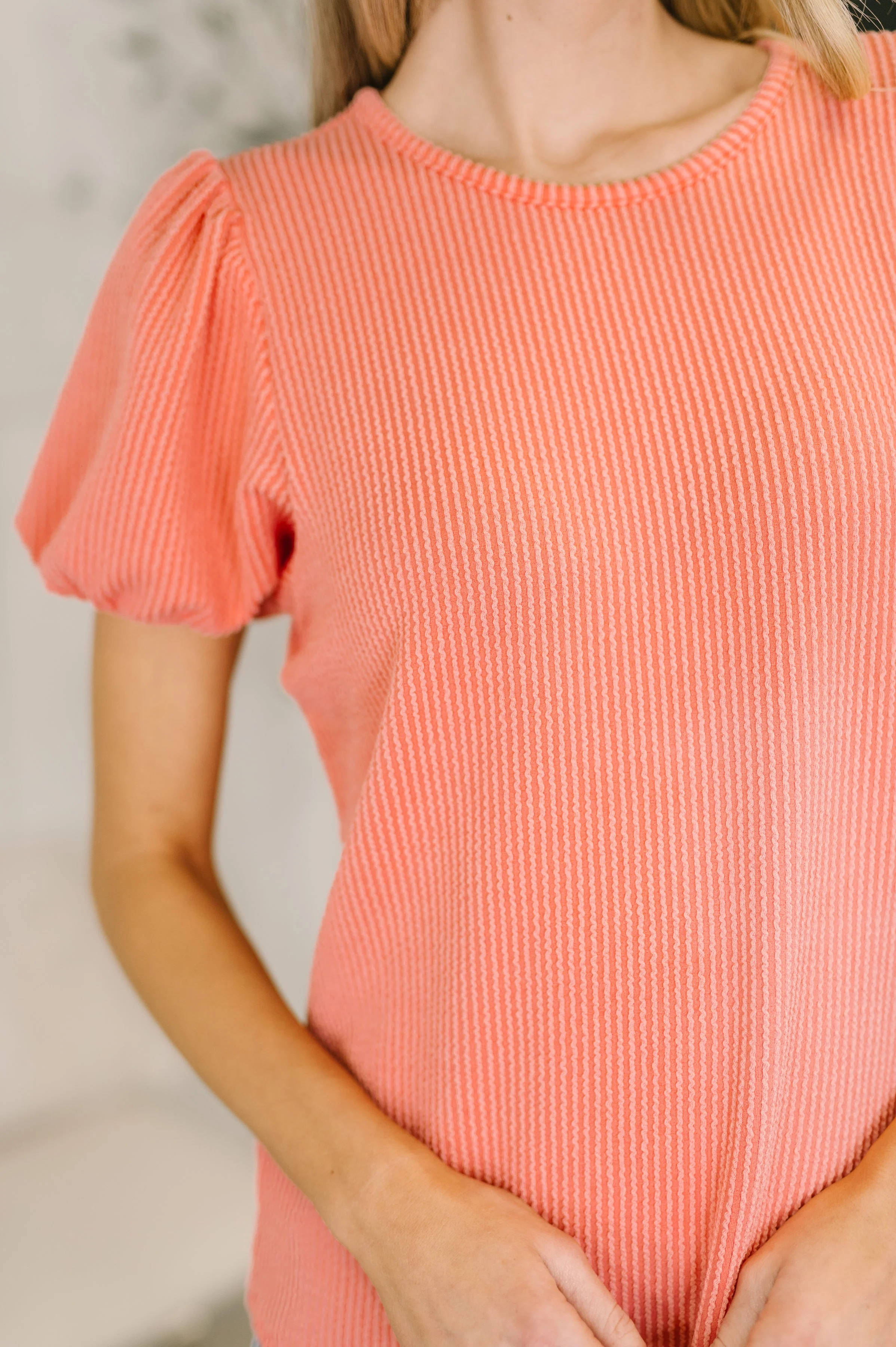 Grace & Virtue Balloon Sleeve Blouse in Coral - Image 2