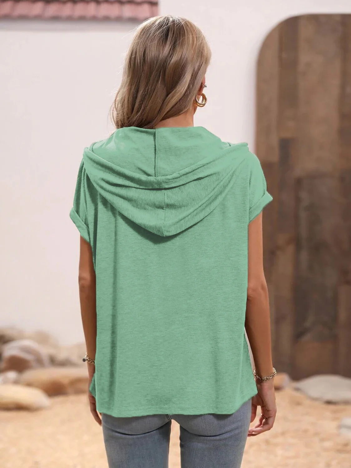 Half Button Hooded Short Sleeve Blouse - Image 12
