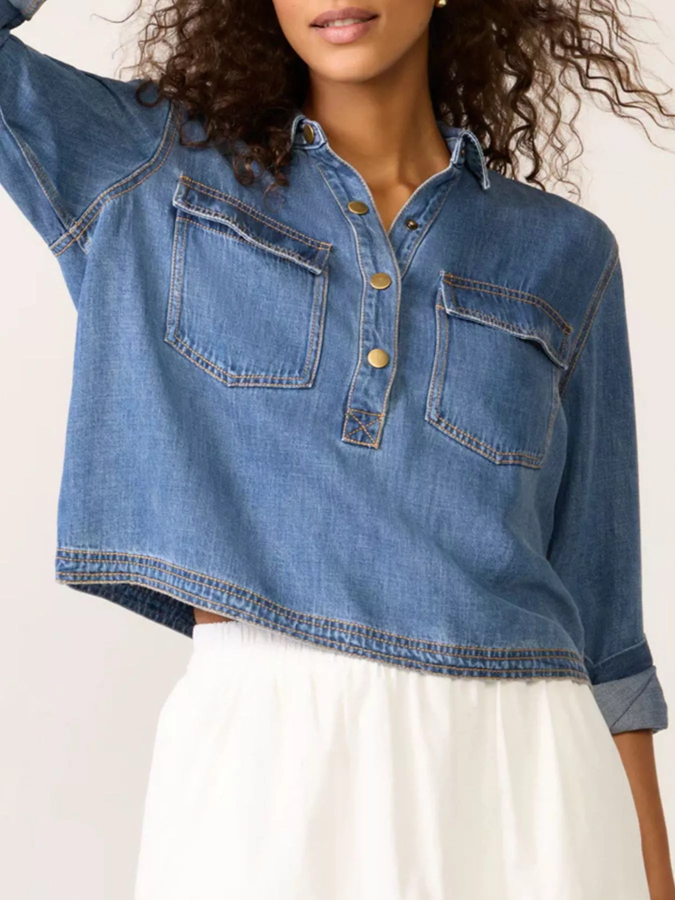 Half Snap Cropped Denim Top - Image 3
