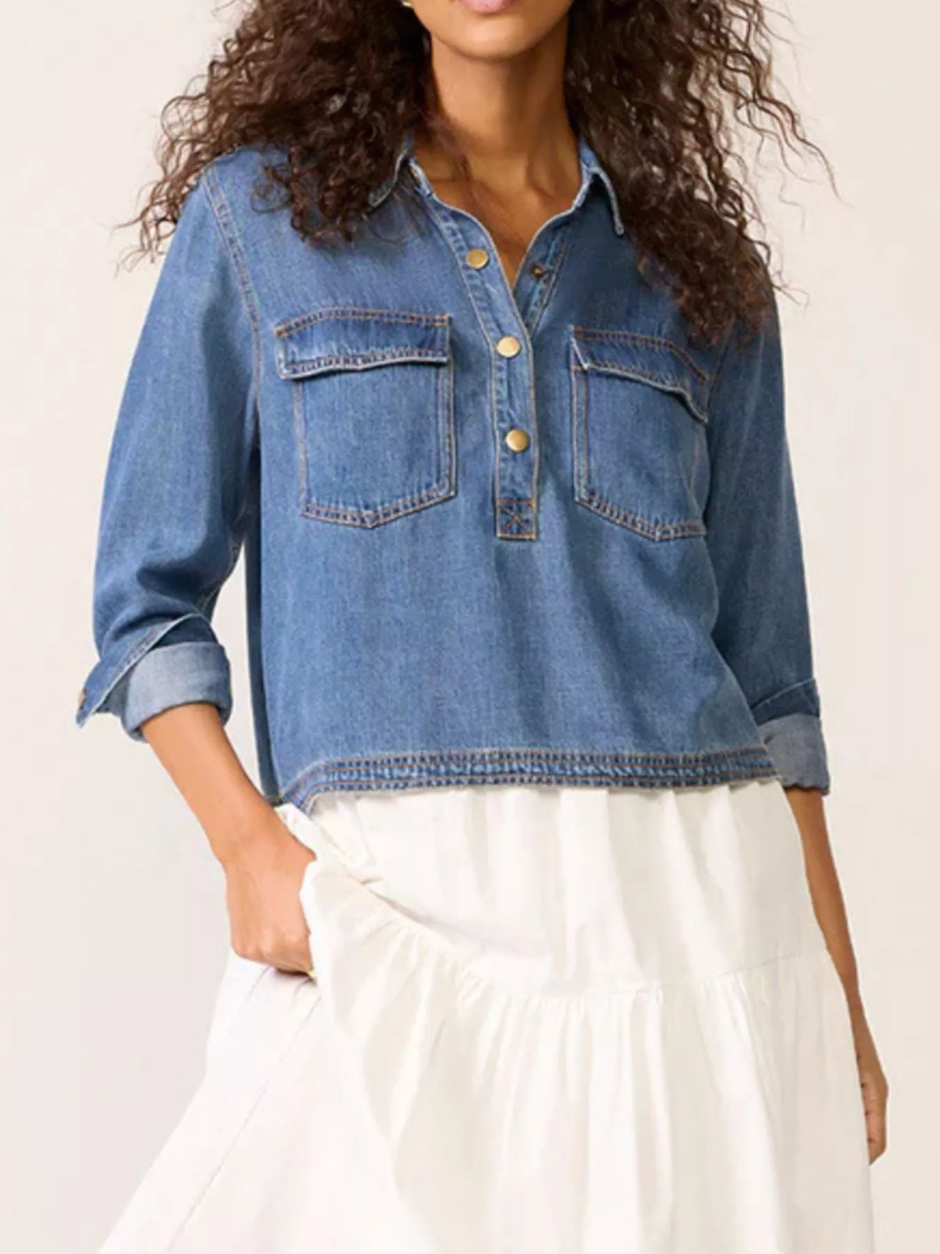 Half Snap Cropped Denim Top - Image 5