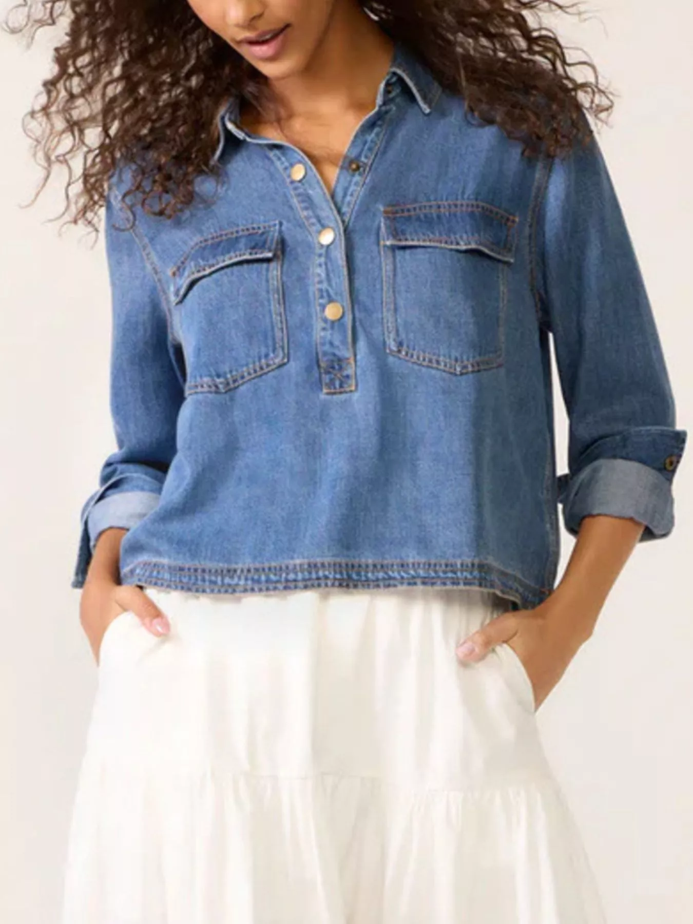 Half Snap Cropped Denim Top - Image 6