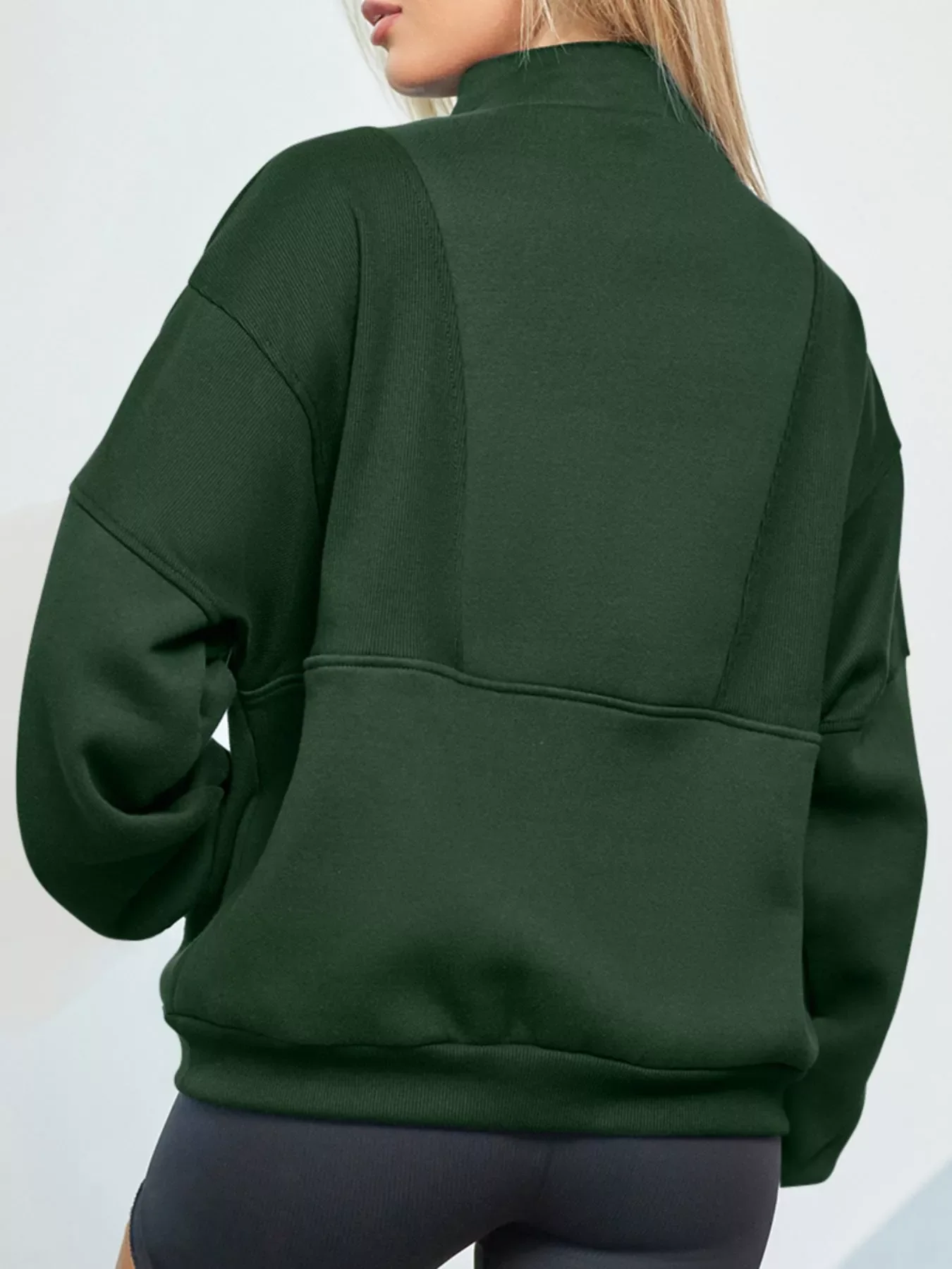 Half Zip Stand Collar Exposed Seam Solid Color Casual Sweatshirt - Image 2