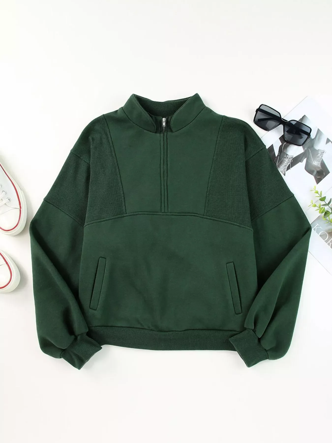 Half Zip Stand Collar Exposed Seam Solid Color Casual Sweatshirt - Image 5
