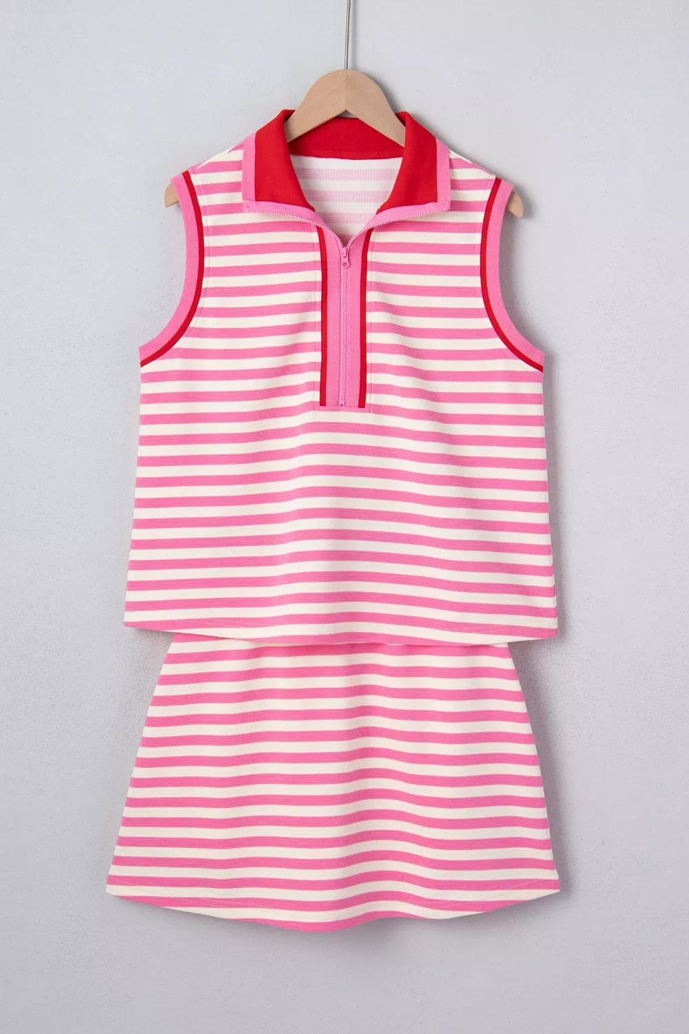 Half Zip Striped Sleeveless Top and Skirt Set - Image 3