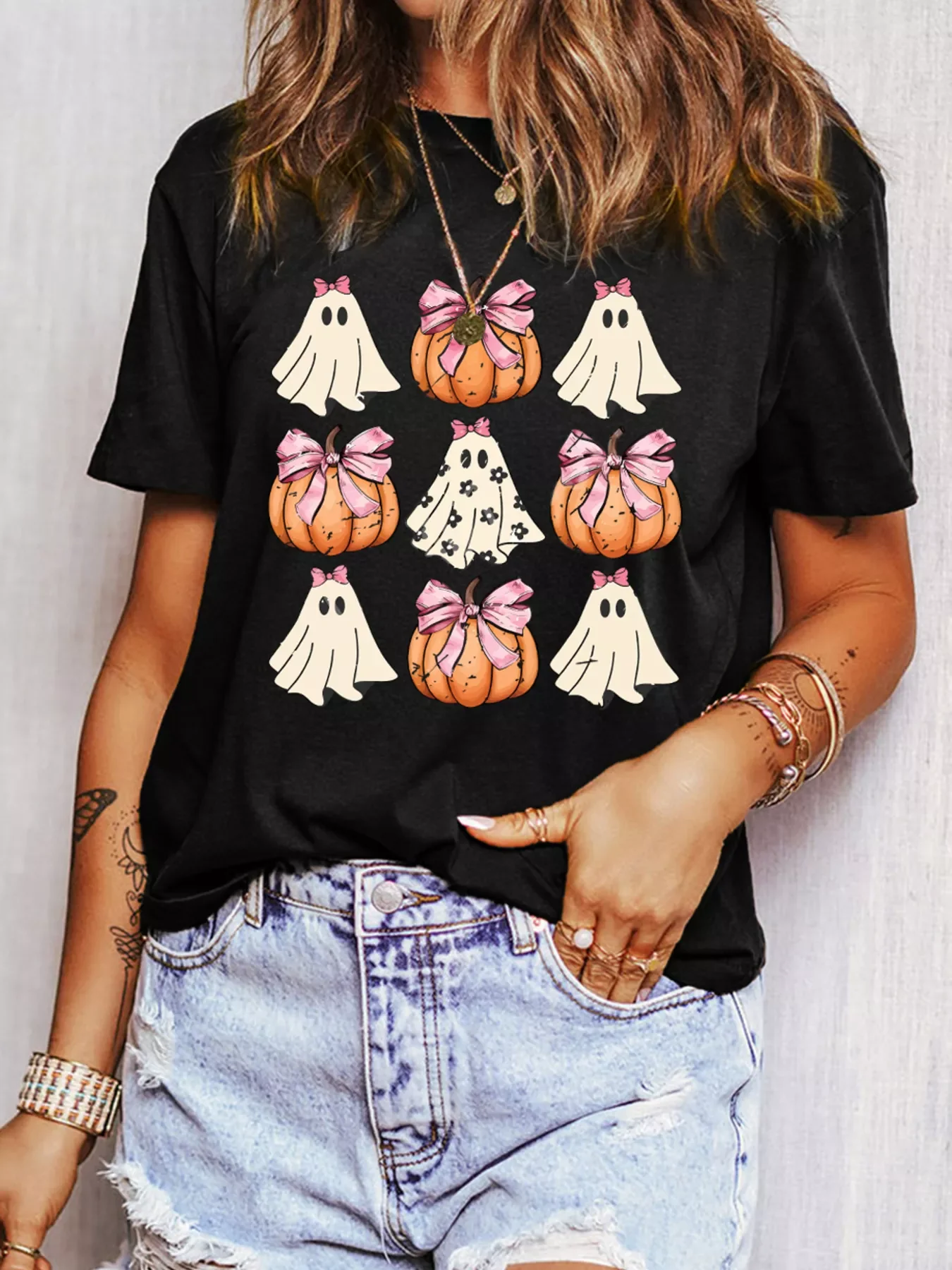 Halloween Bowknot Ghost Pumpkin Graphic T Shirt - Image 5