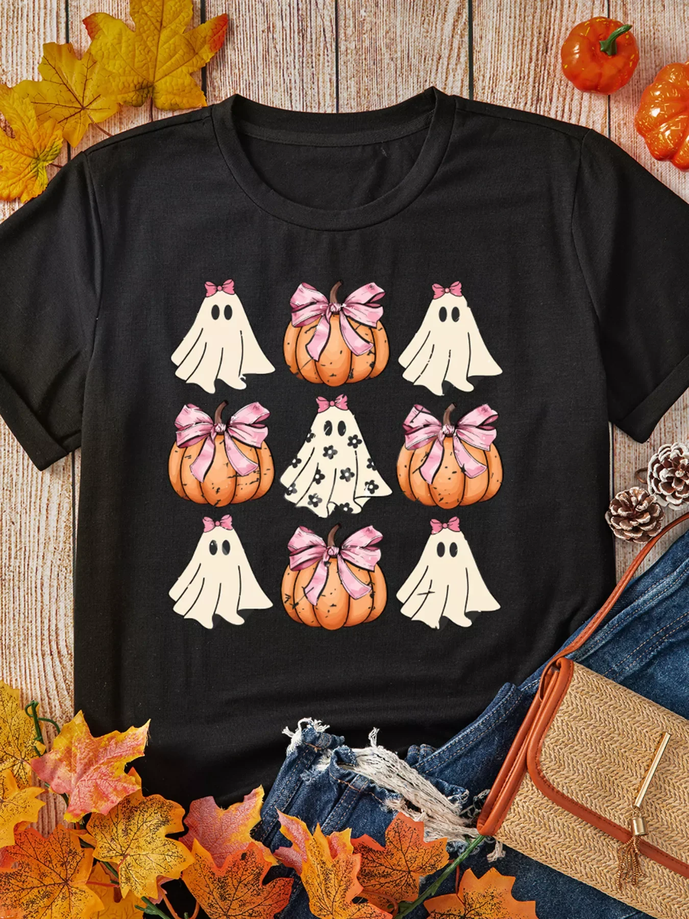 Halloween Bowknot Ghost Pumpkin Graphic T Shirt - Image 7