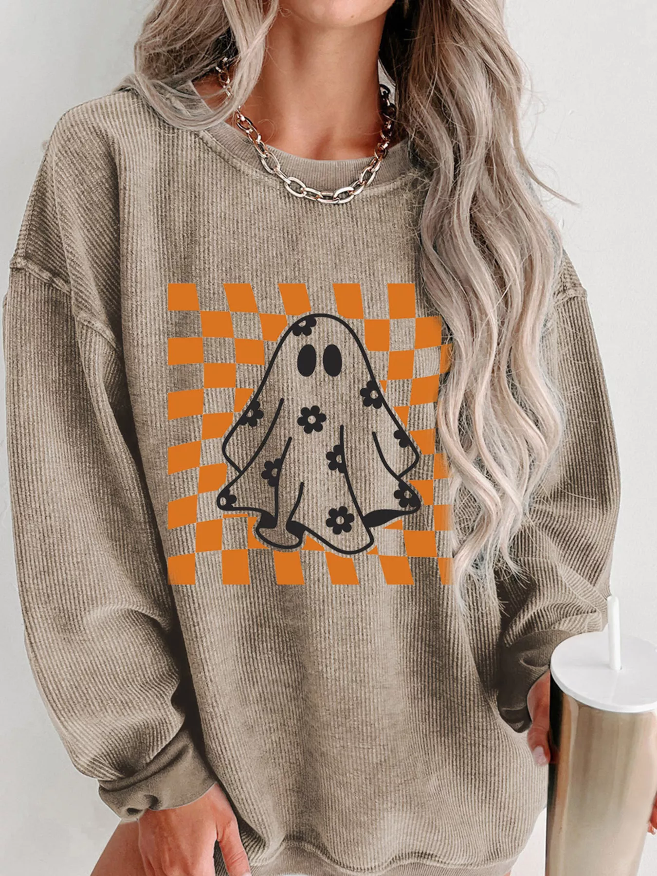 Halloween Checkerboard Floral Ghost Graphic Corded Sweatshirt - Image 3