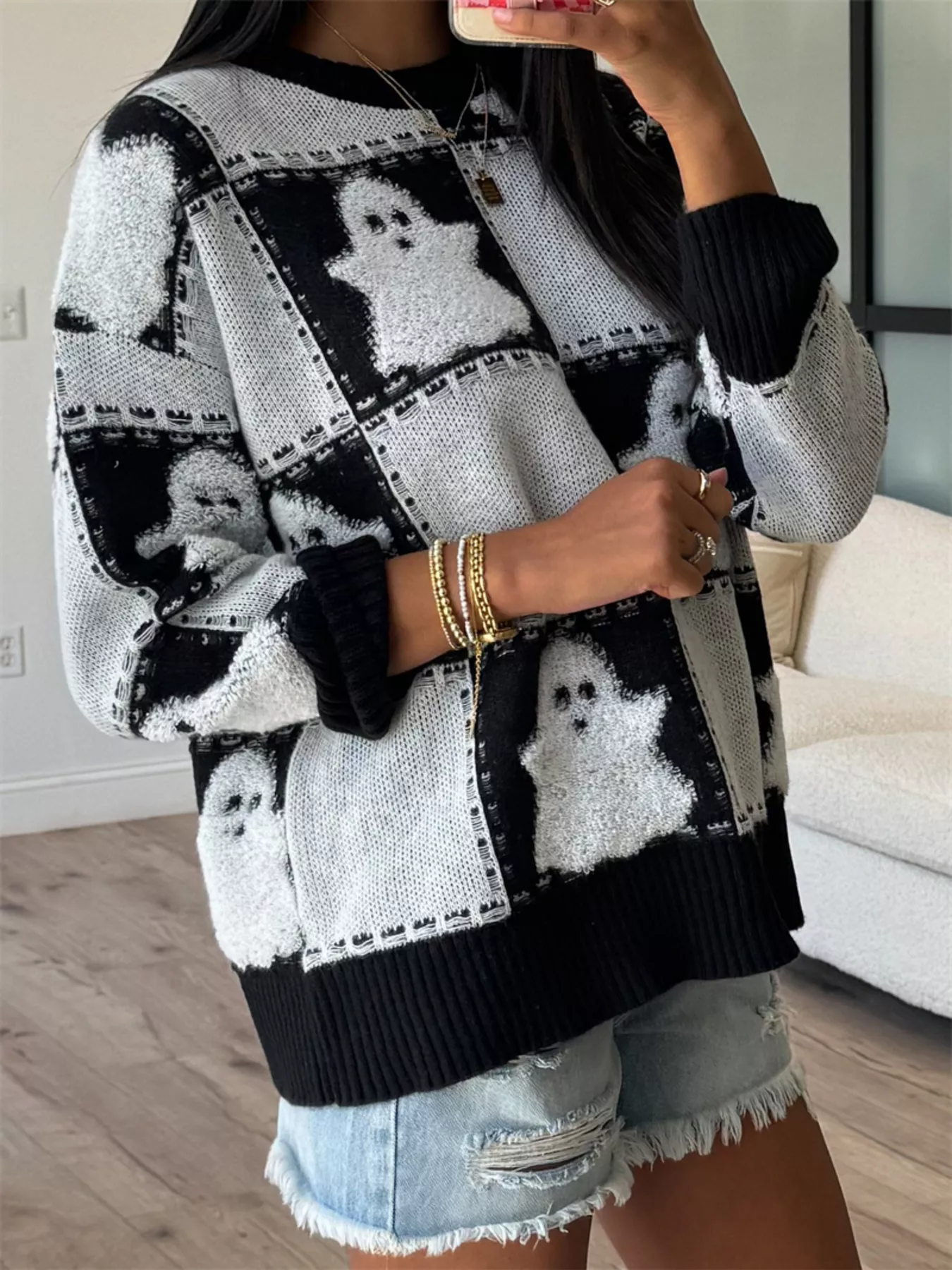 Halloween Ghost Checkered Drop Shoulder Sweater - Image 2