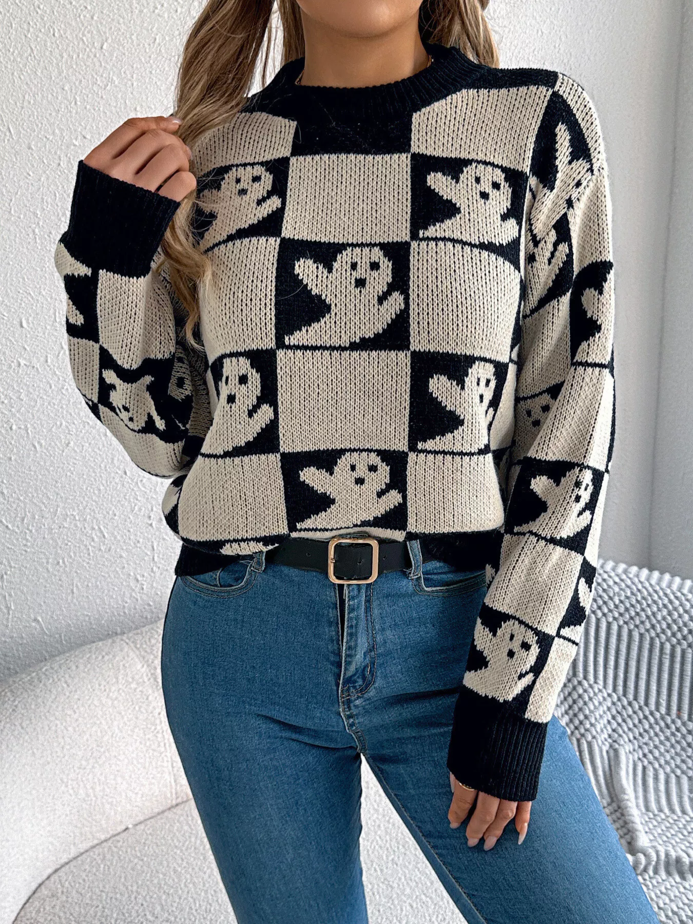 Halloween Ghost Pattern Checkered Round Neck Sweater - Image 3