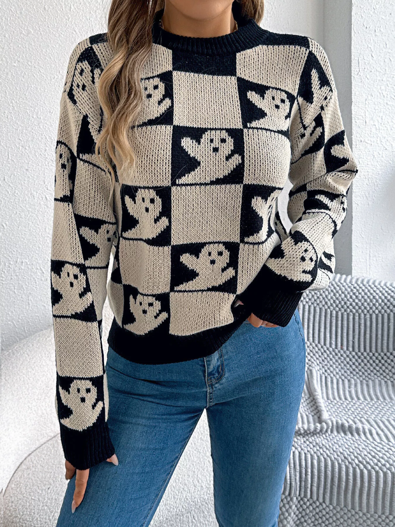 Halloween Ghost Pattern Checkered Round Neck Sweater - Image 6