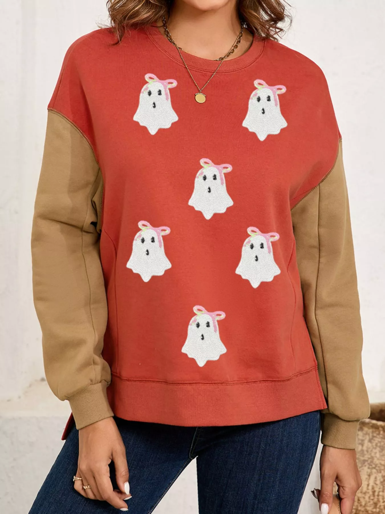Halloween Glitter Ghost Patched Pattern Color Block Sweatshirt - Image 6