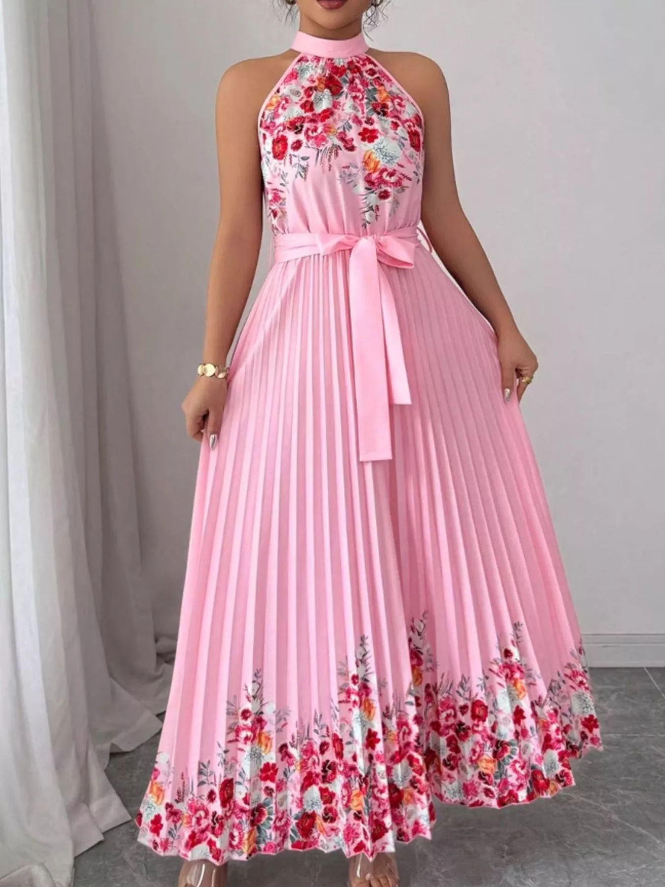 Halter Neck Floral Print Pleated Maxi Dress - Image 2