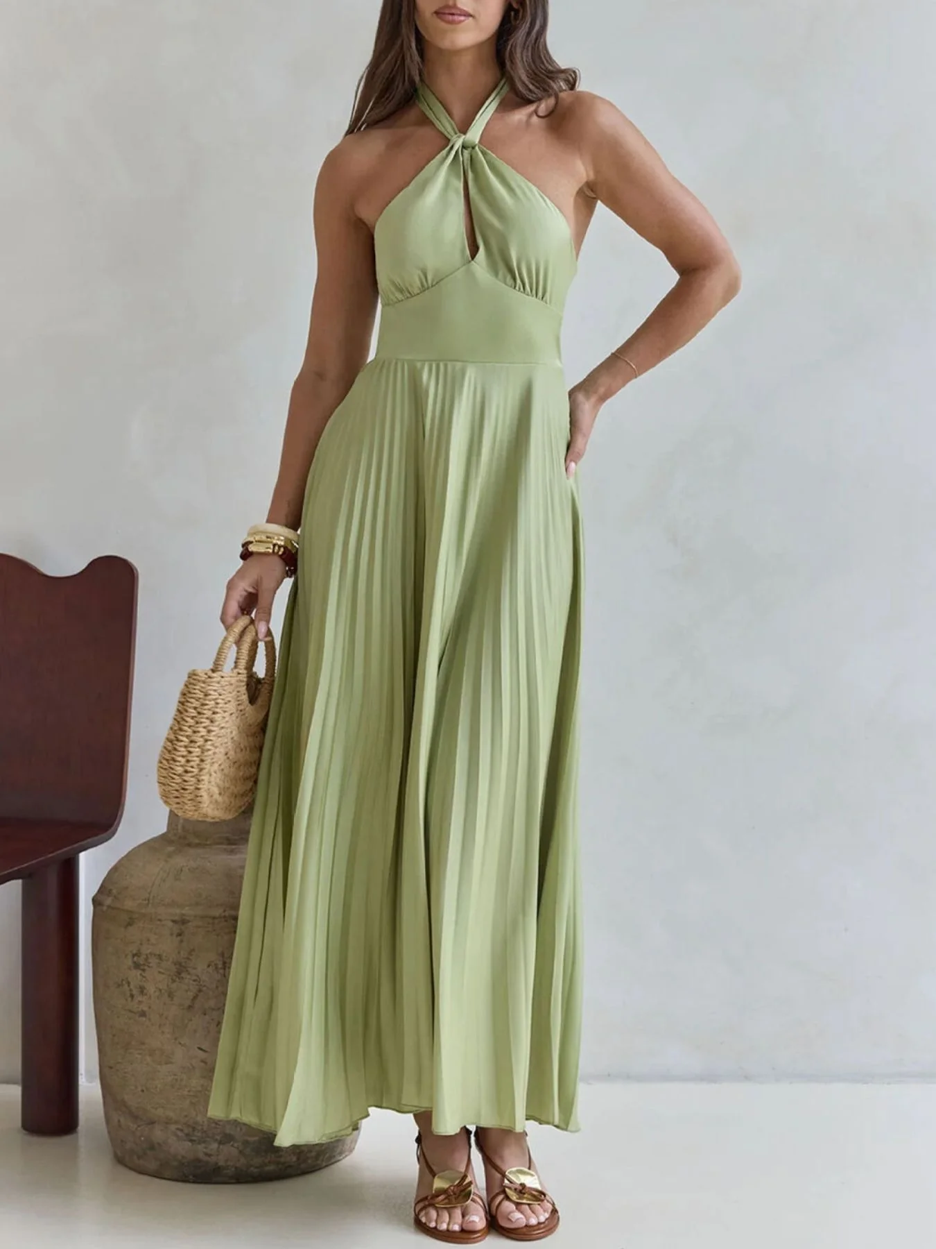 Halter Neck Pleated A-Line Dress - Image 5