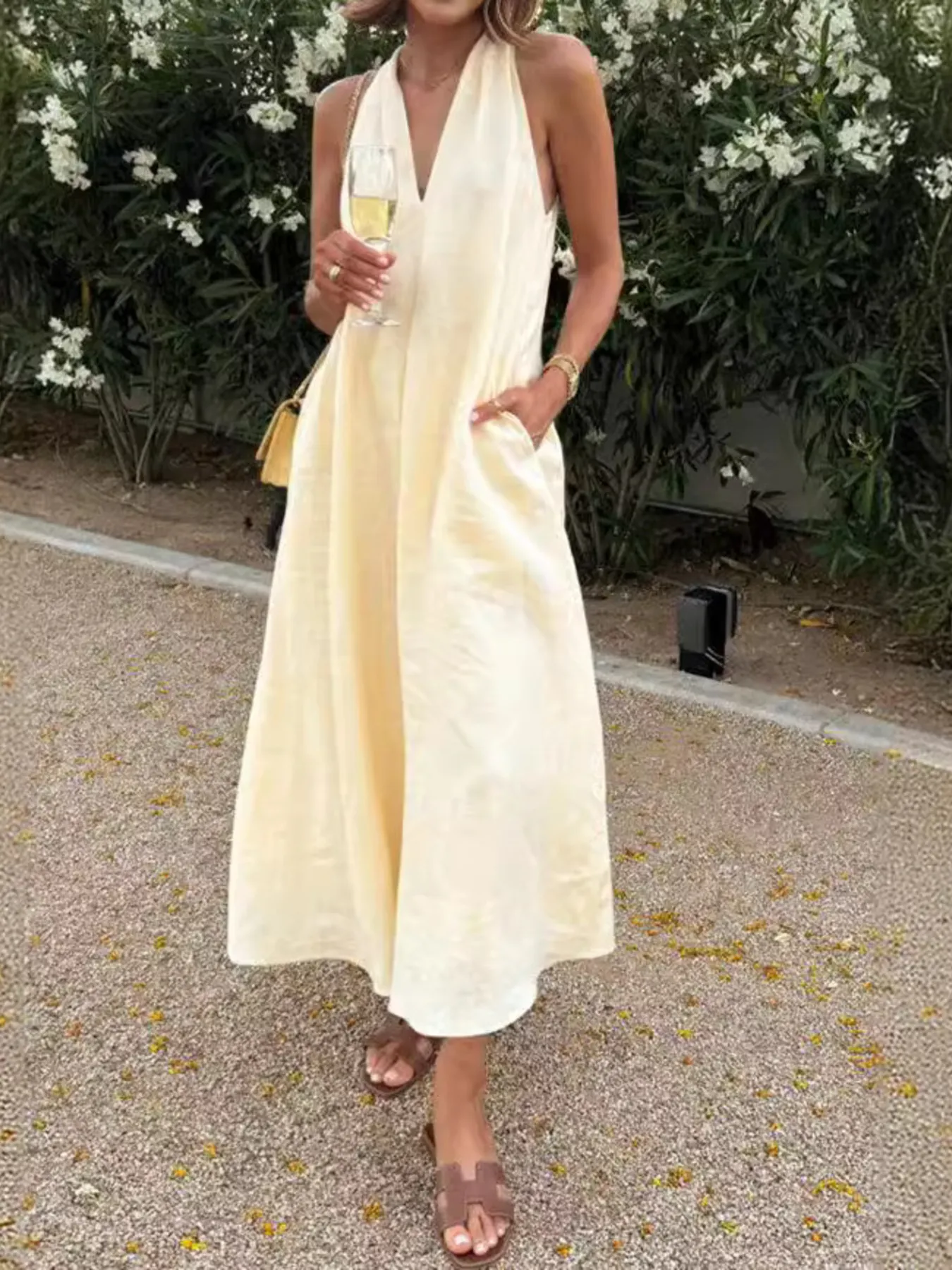 Halter V-Neck Linen Midi Dress - Image 2