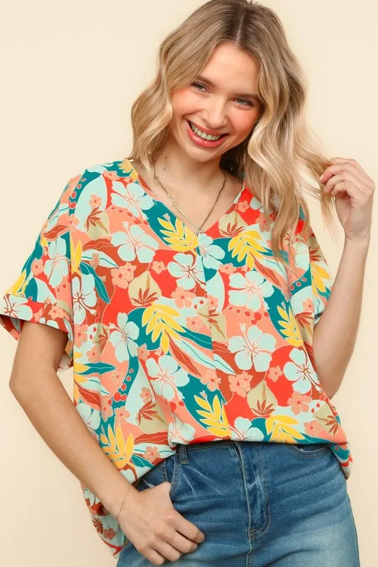 Haptics V Neck Drop Shoulder Hawaiian Woven Top - Image 4