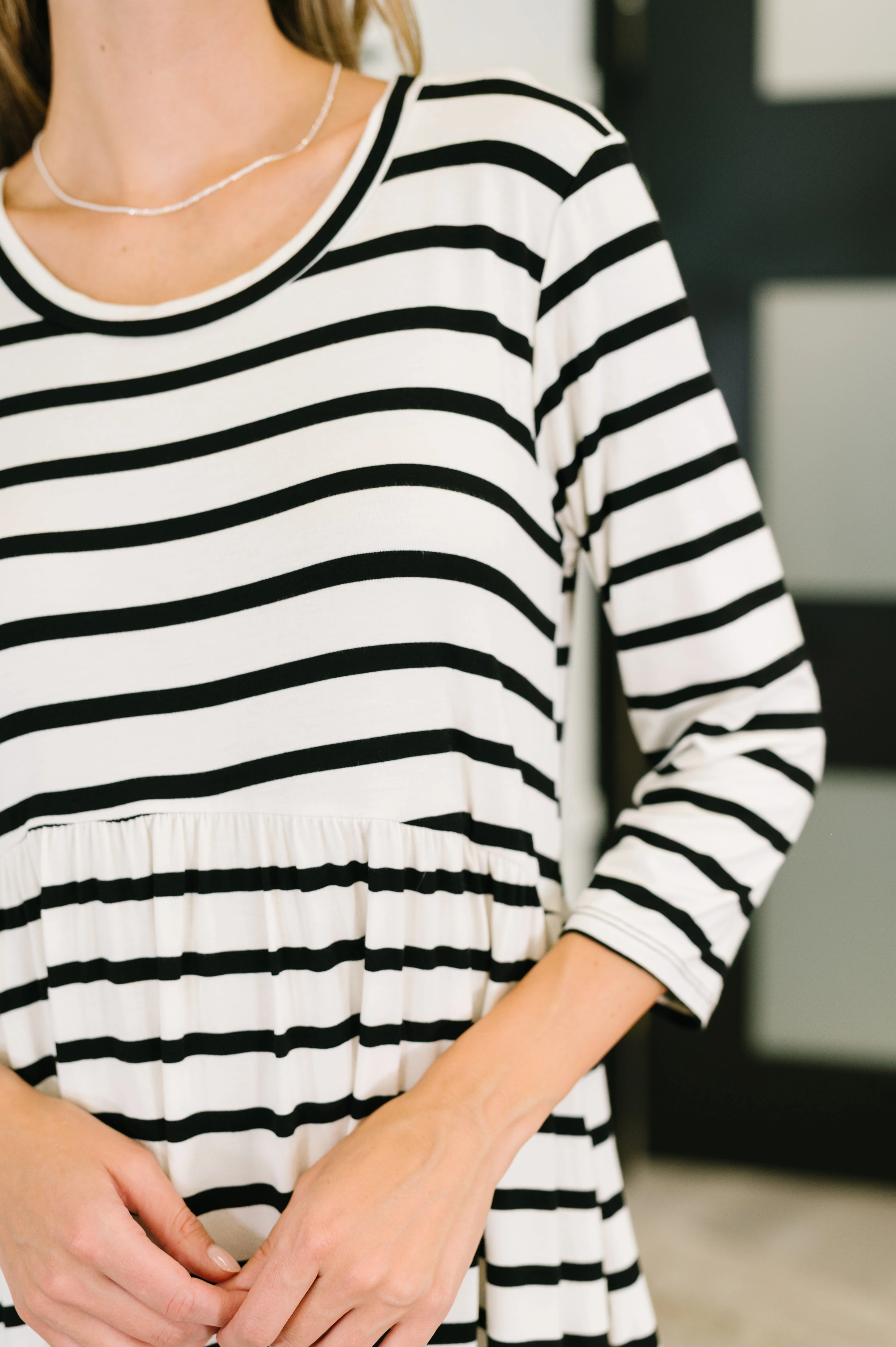 Haute Mess Scooped Hem Casual Dress in Black and White Striped - Image 3