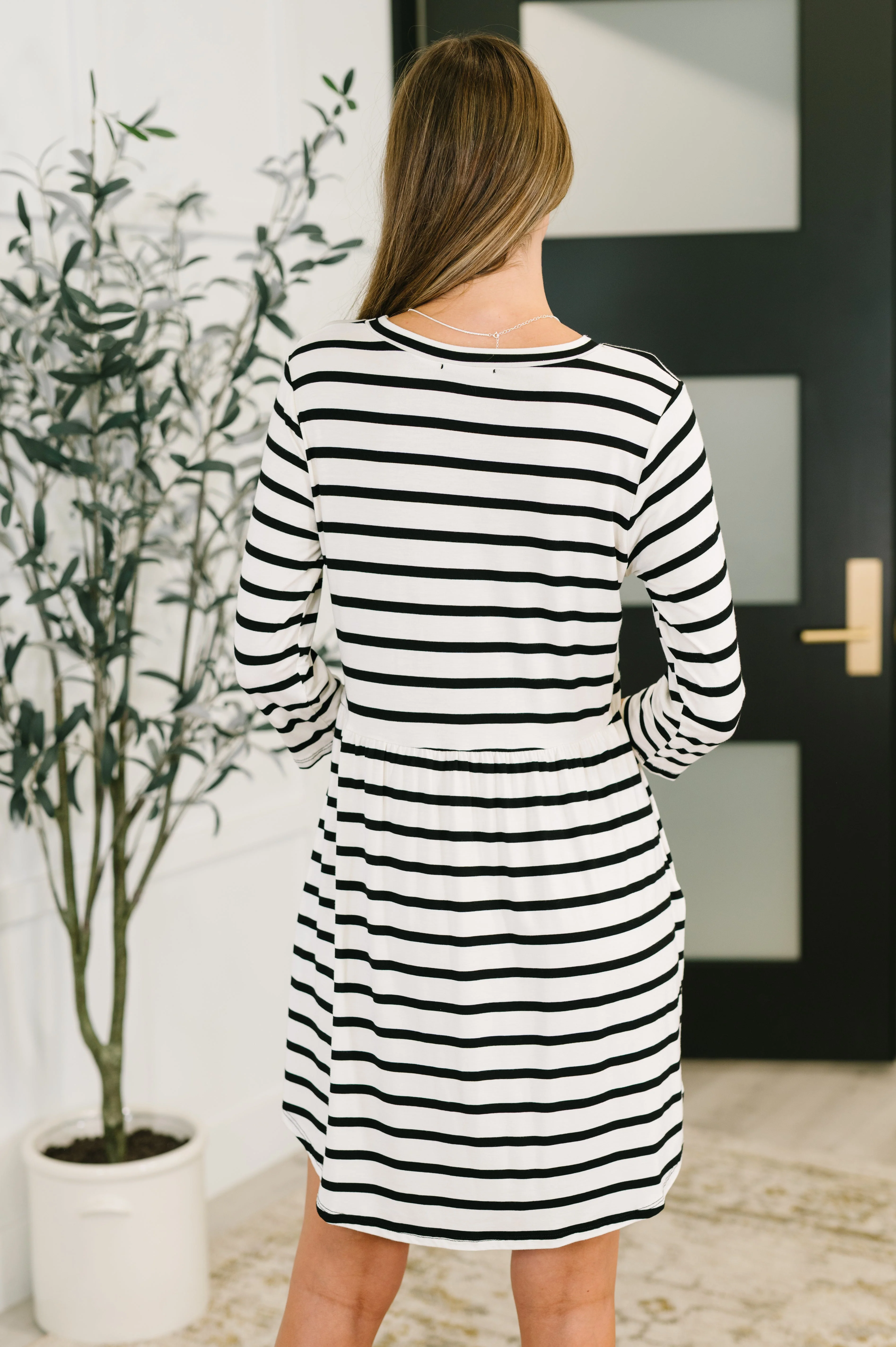 Haute Mess Scooped Hem Casual Dress in Black and White Striped - Image 5