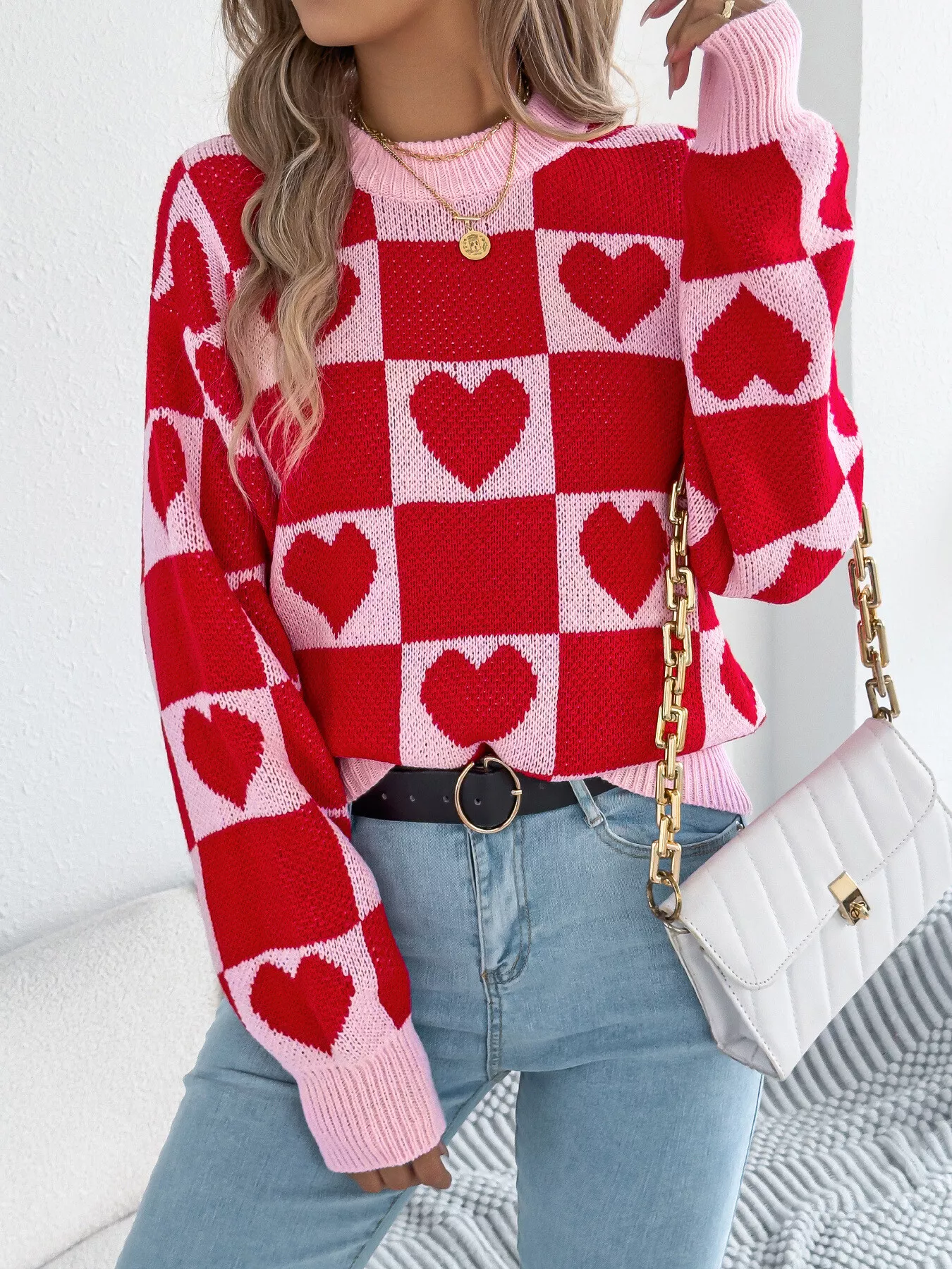 Heart Checkerboard Pattern Round Neck Sweater - Image 17