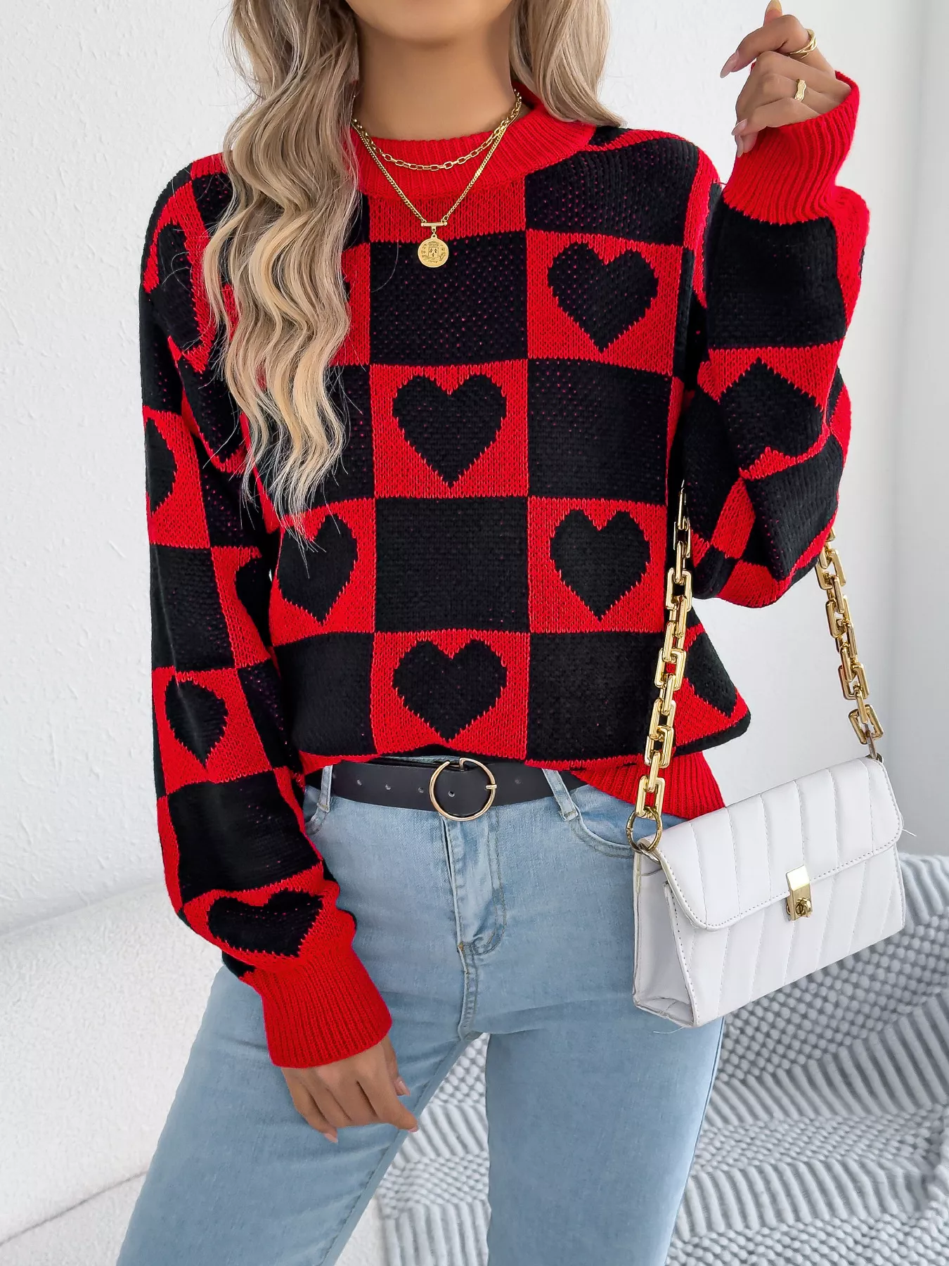 Heart Checkerboard Pattern Round Neck Sweater - Image 3