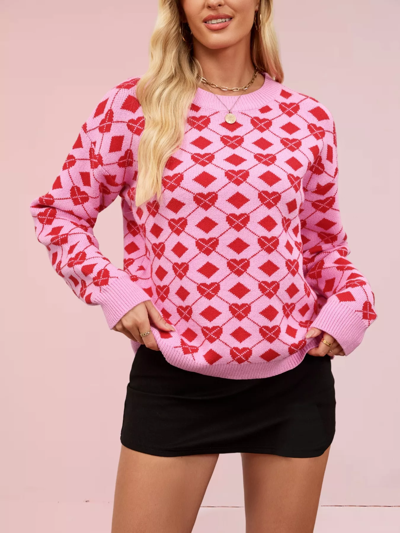 Heart & Diamond Pattern Long Sleeve Sweater - Image 4