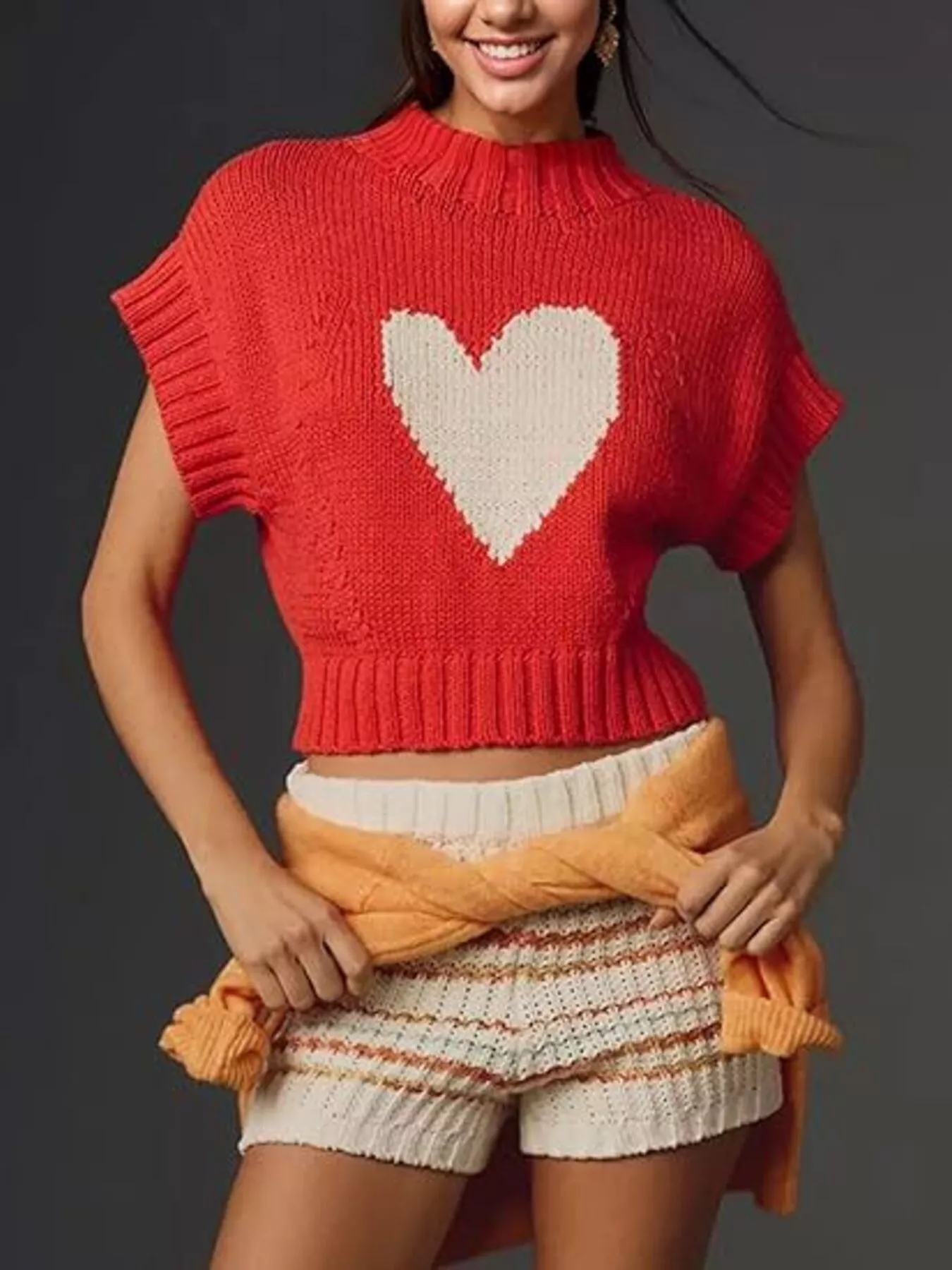 Heart Graphic Short Sleeve Knit Sweater
