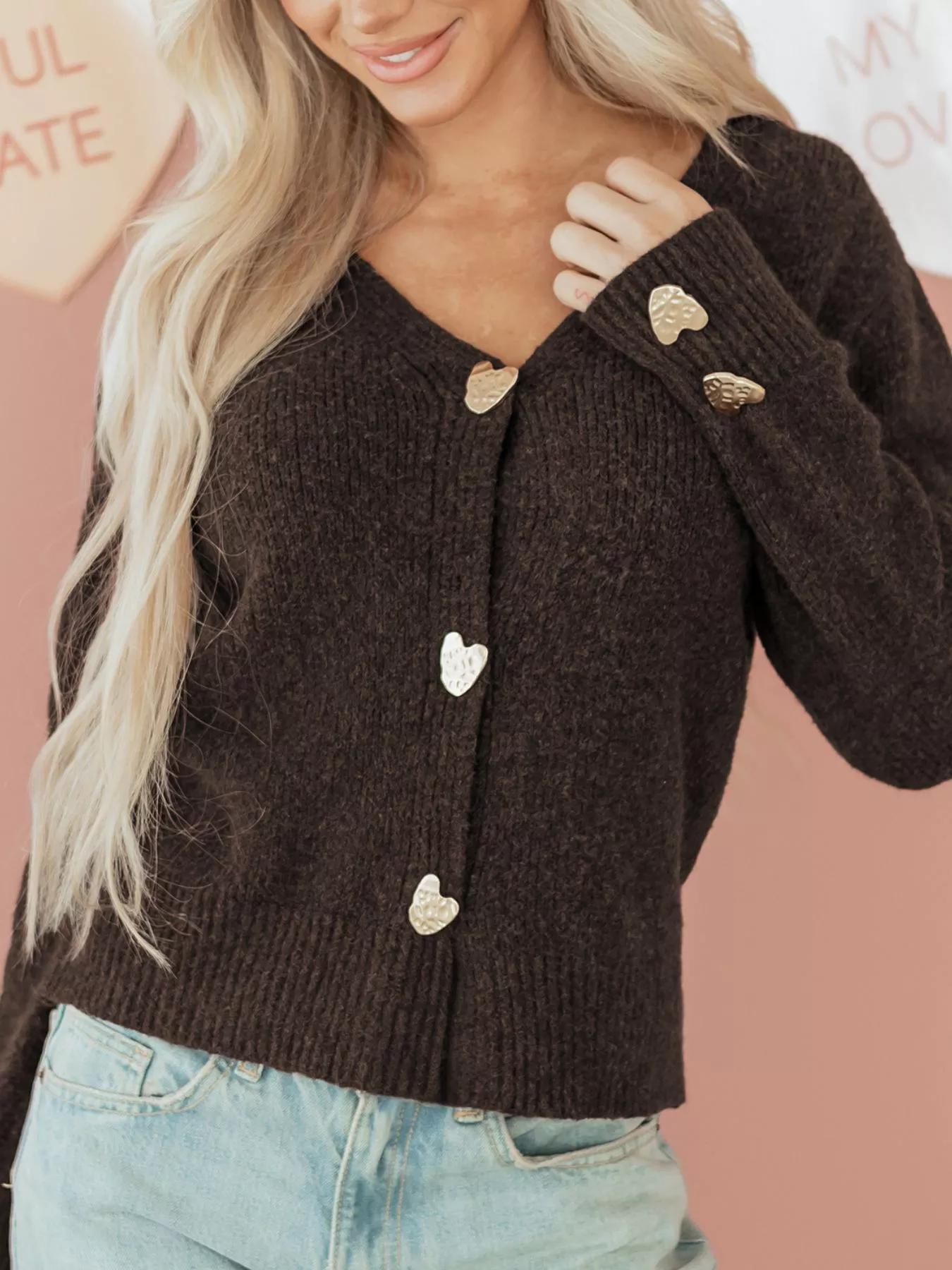Heart Metal Button V Neck Cardigan Sweater - Image 2