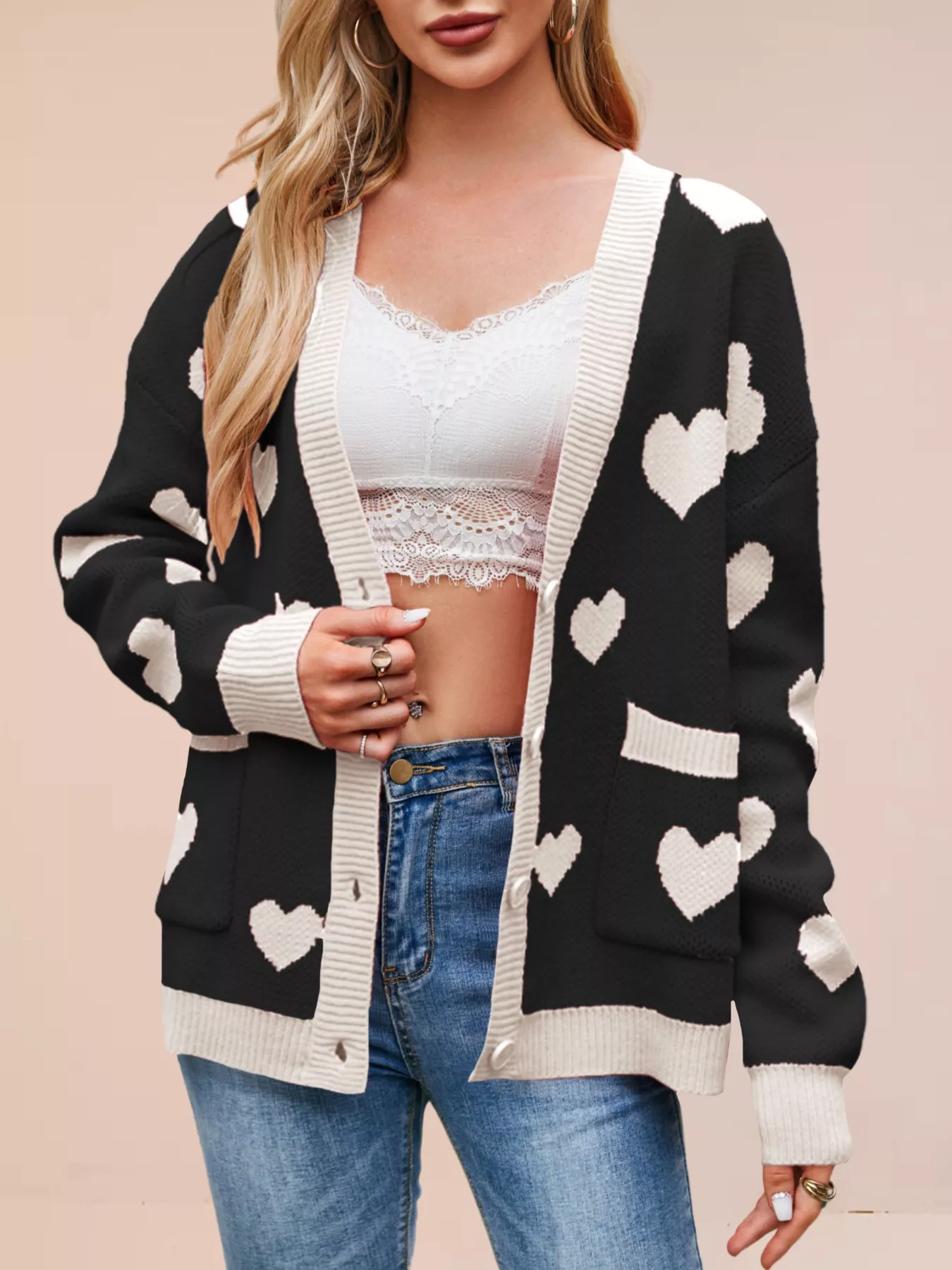 Heart Pattern Button-Up Knit Cardigan - Image 15