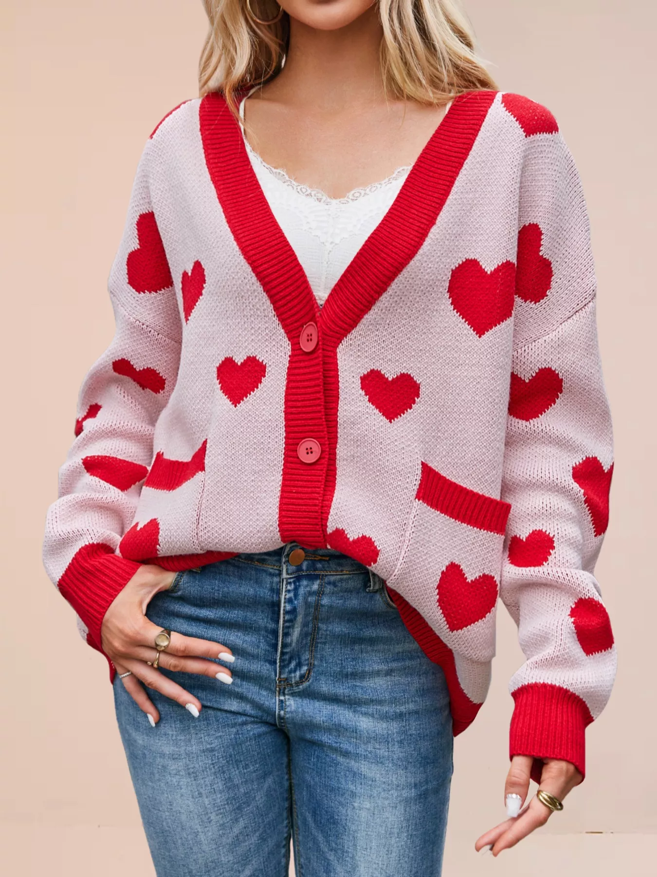 Heart Pattern Button-Up Knit Cardigan - Image 3