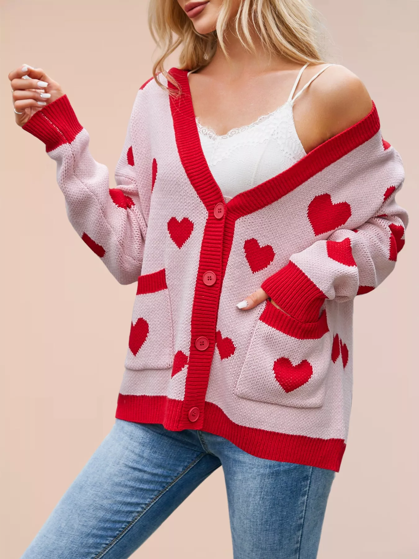 Heart Pattern Button-Up Knit Cardigan - Image 4