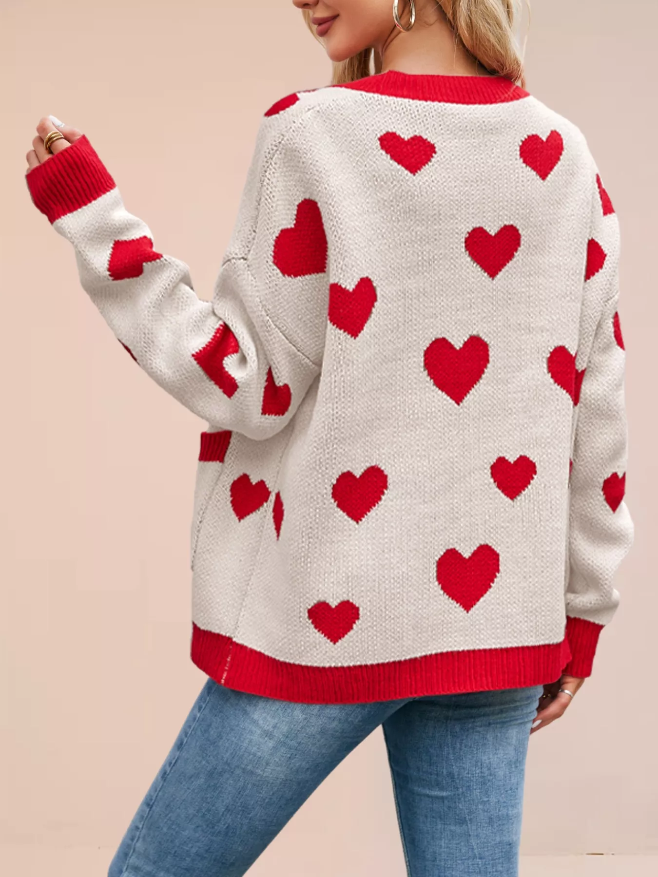 Heart Pattern Button-Up Knit Cardigan - Image 7