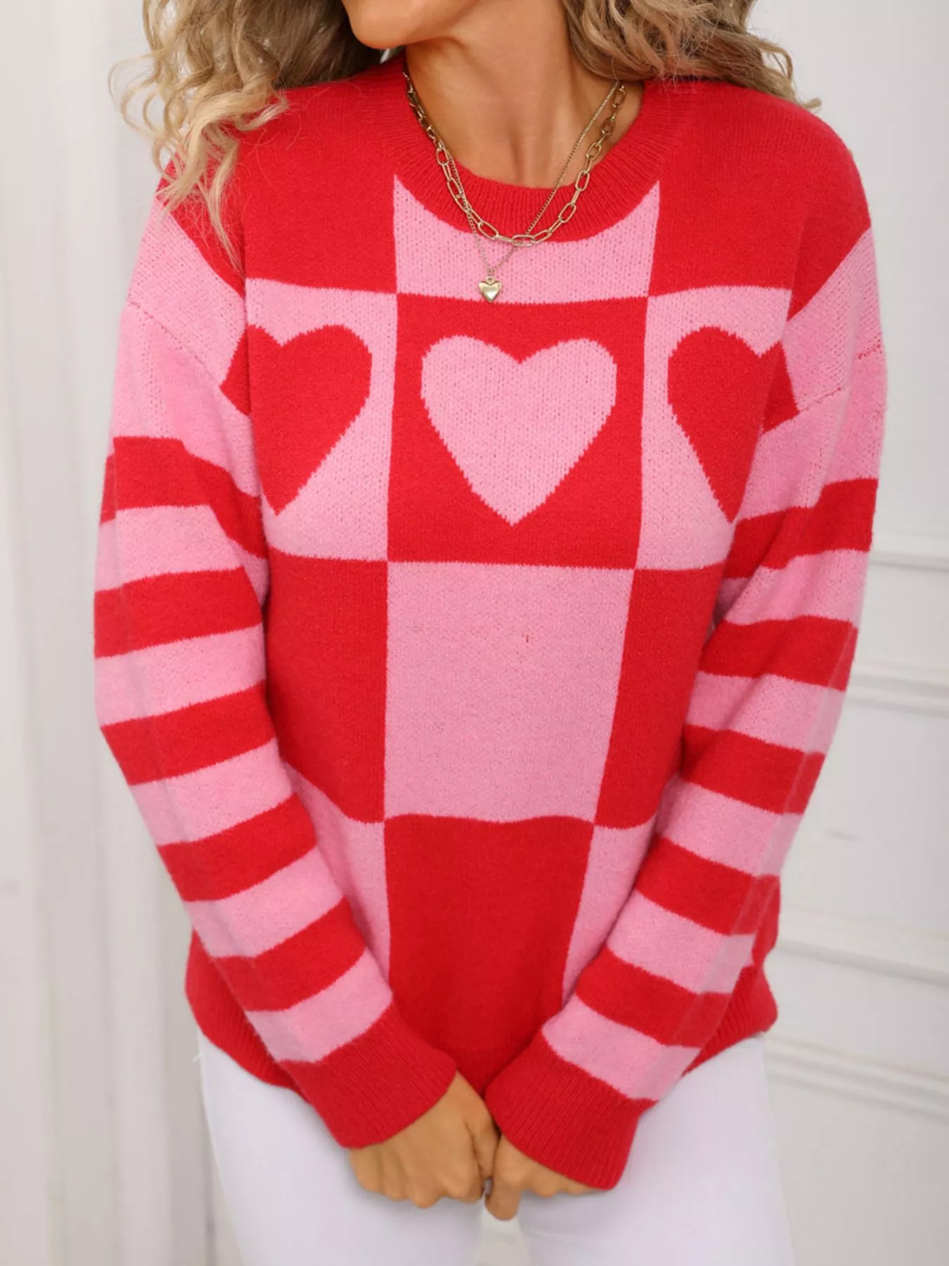 Heart Pattern Checkerboard Knit Sweater - Image 4