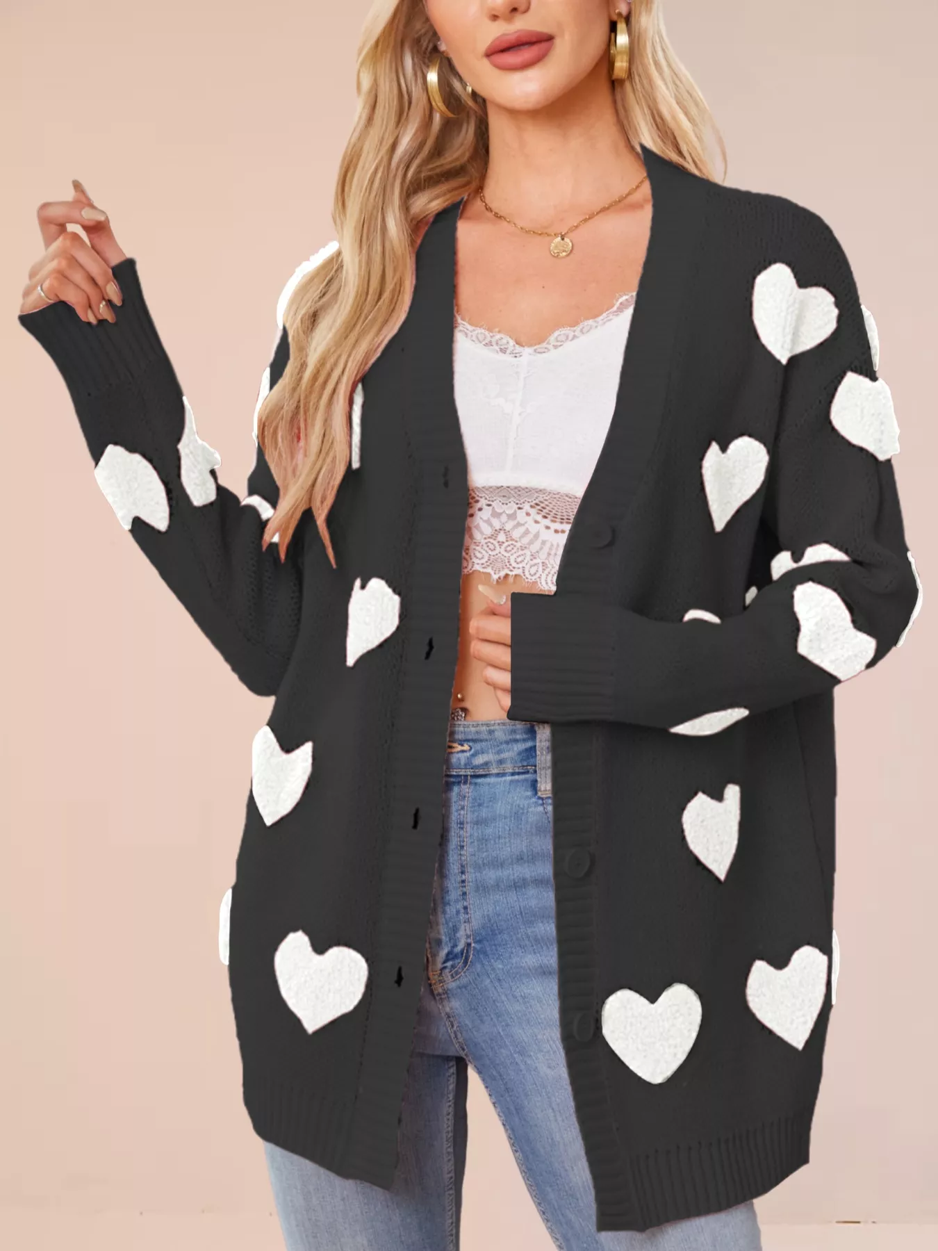 Heart Pattern Knit Button-Up Cardigan - Image 15