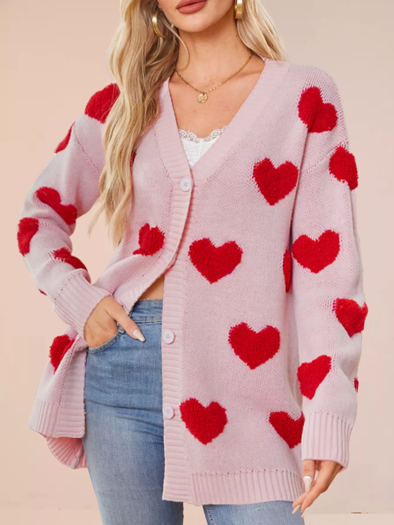 Heart Pattern Knit Button-Up Cardigan - Image 3