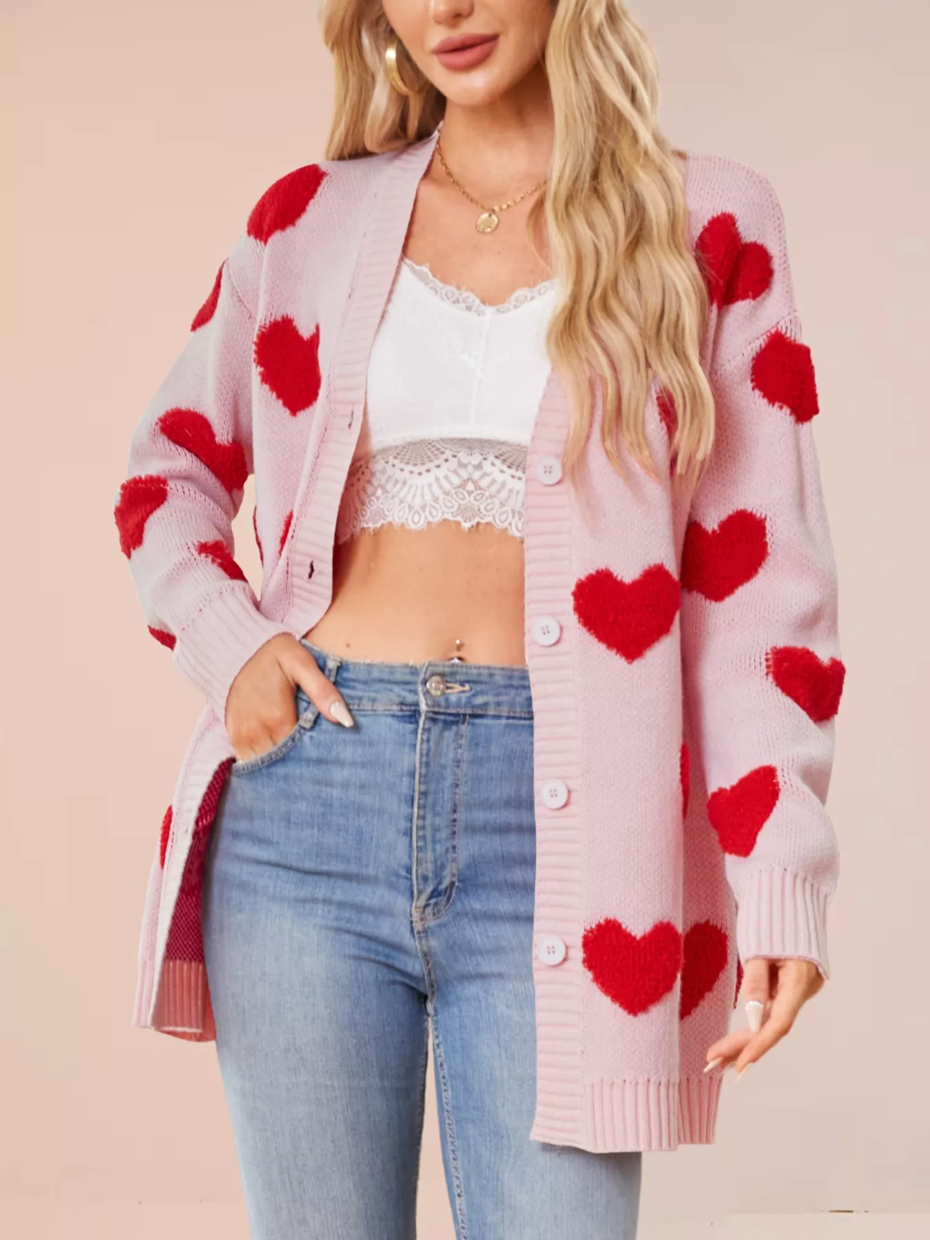 Heart Pattern Knit Button-Up Cardigan - Image 4