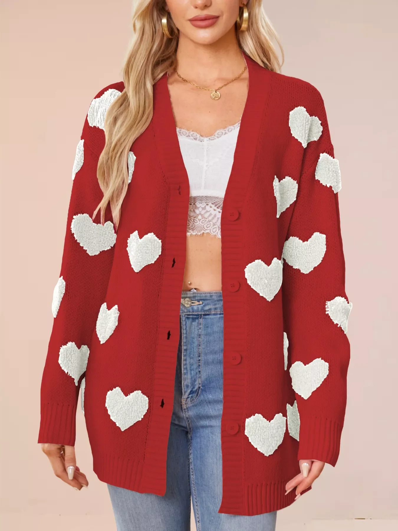 Heart Pattern Knit Button-Up Cardigan - Image 7