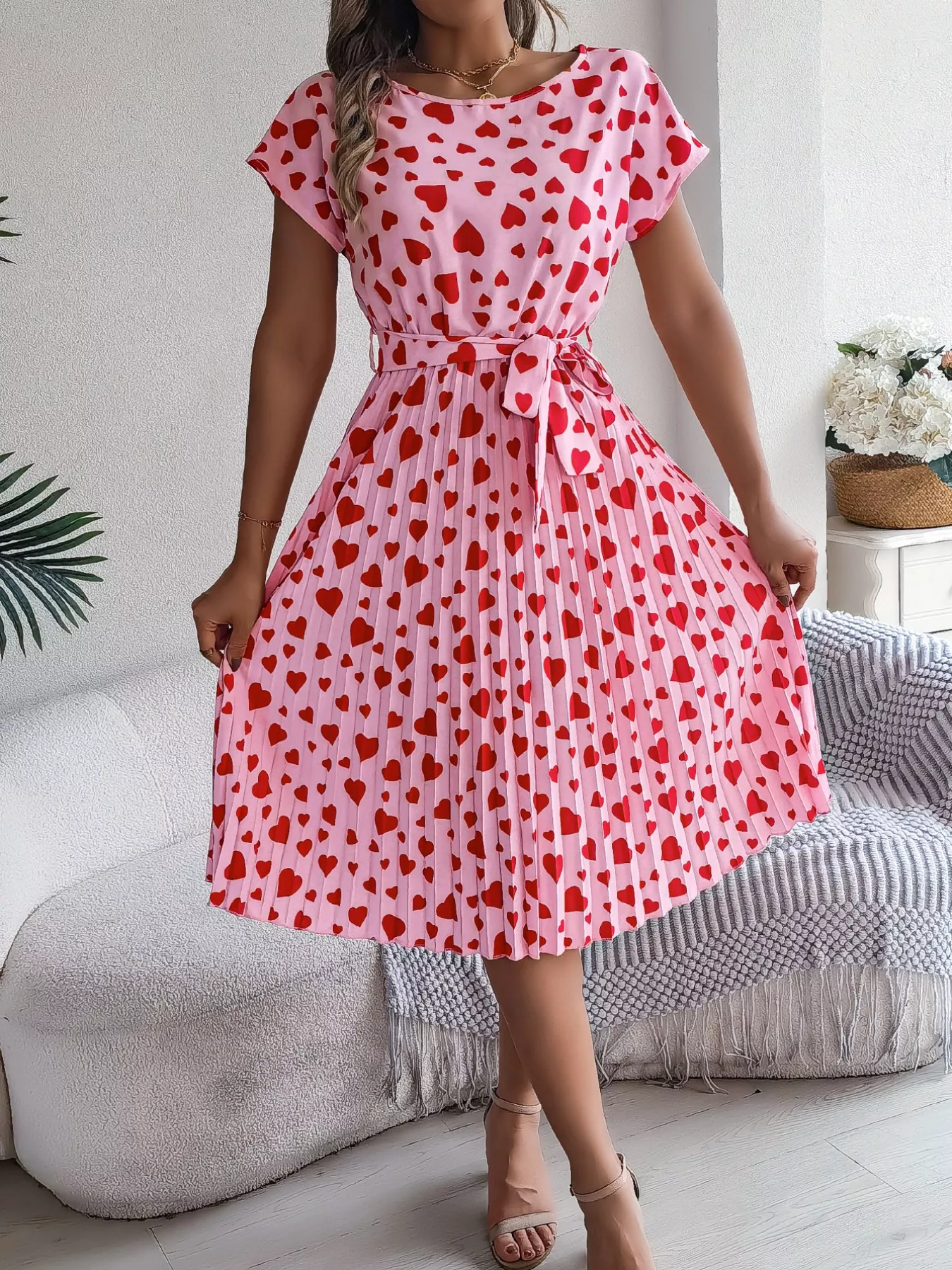 Heart Print Belted Pleated Midi Dress - Image 2