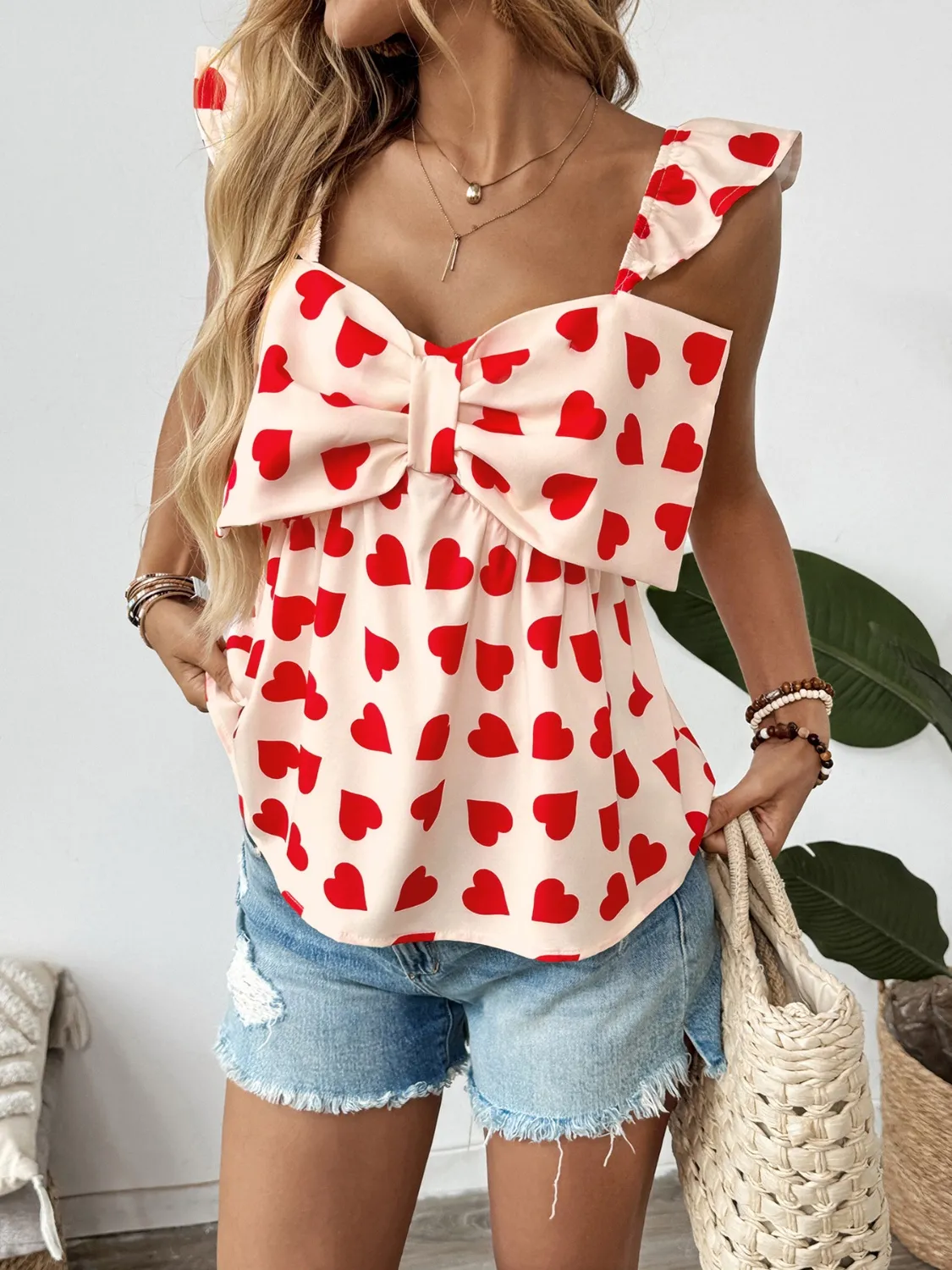 Heart Print Bow Front Peplum Blouse - Image 2