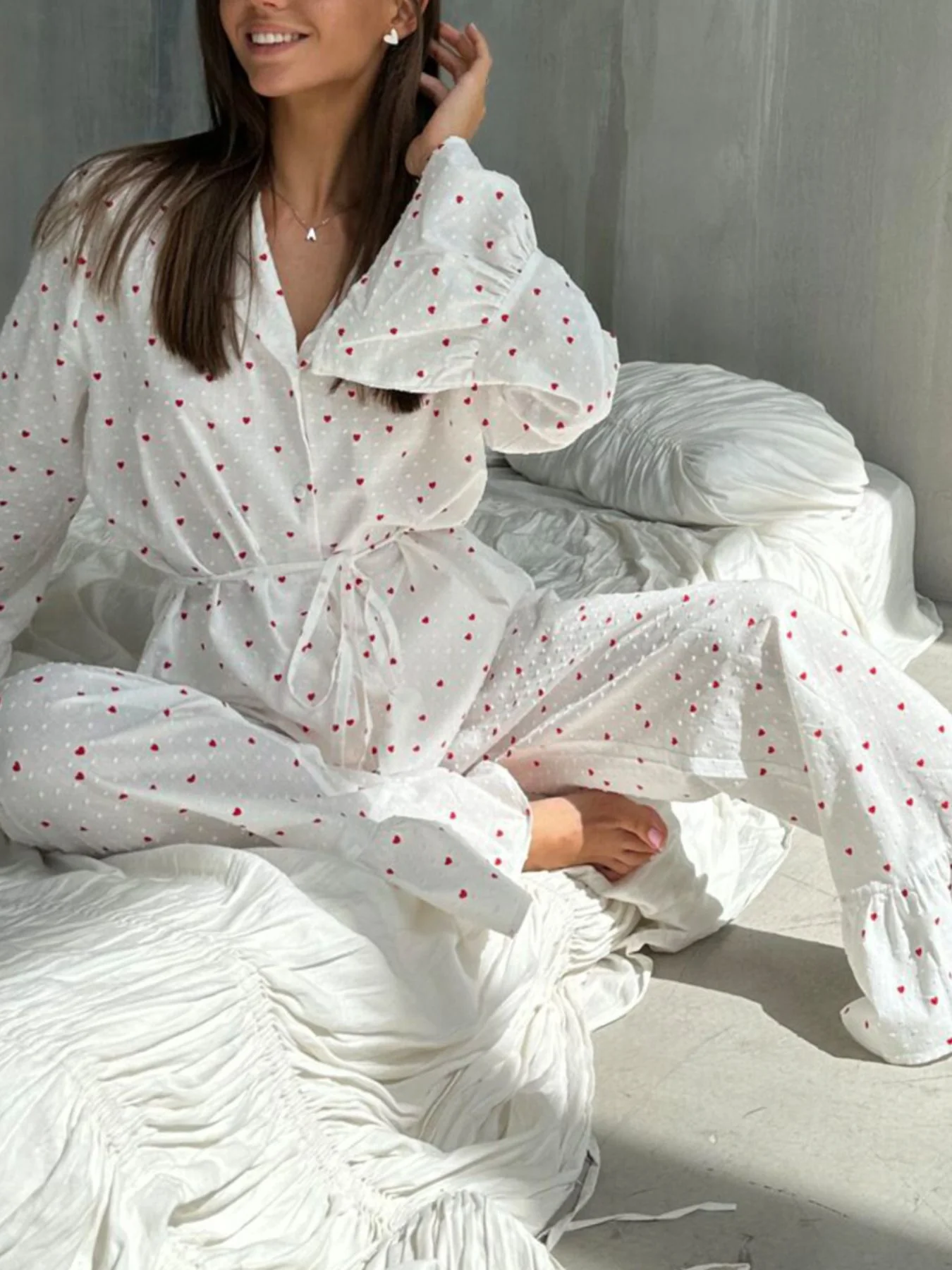 Heart Print Long Sleeve and Pants Lounge Set - Image 3