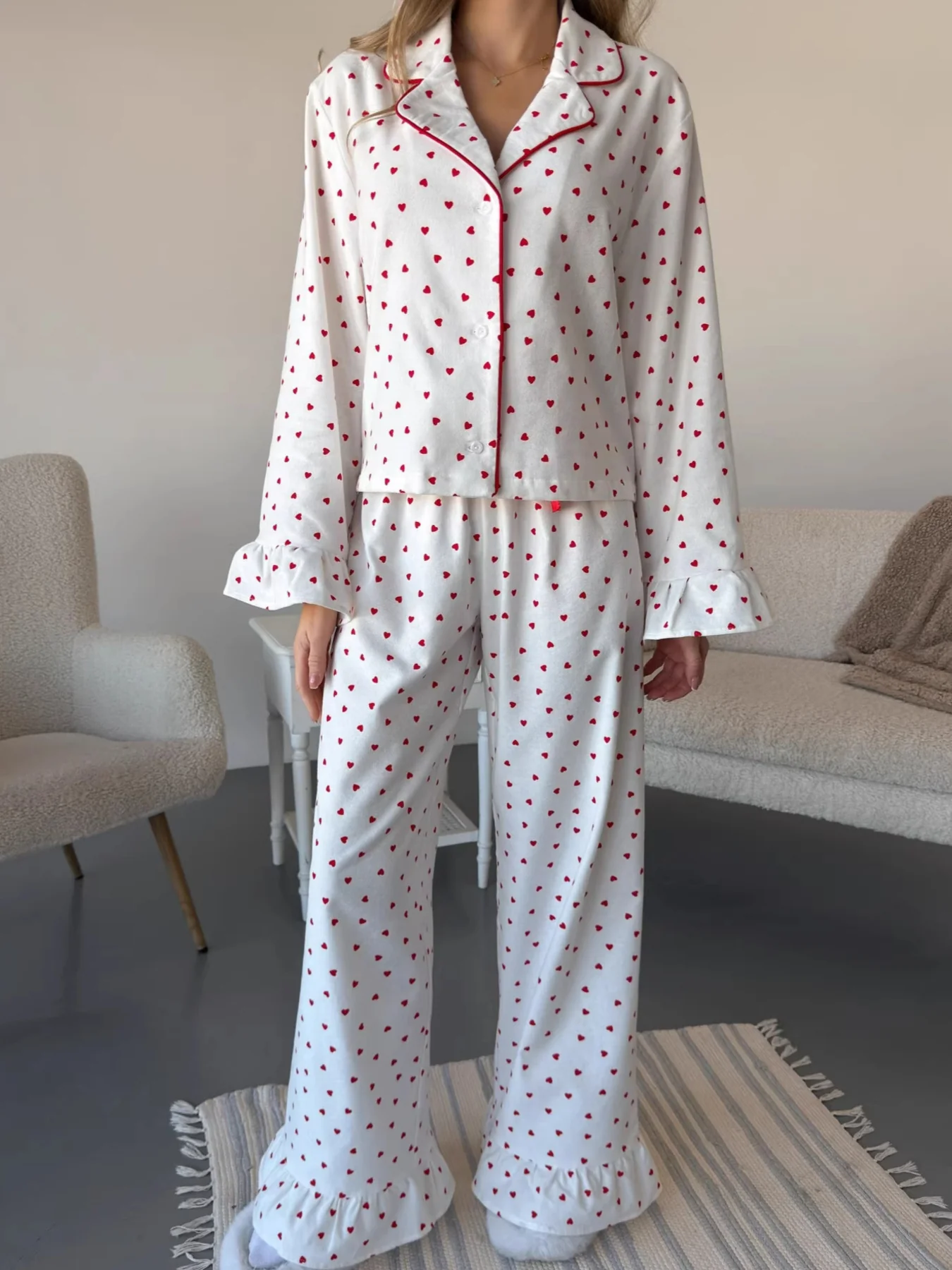 Heart Print Long Sleeve Top and Pants Lounge Set - Image 2