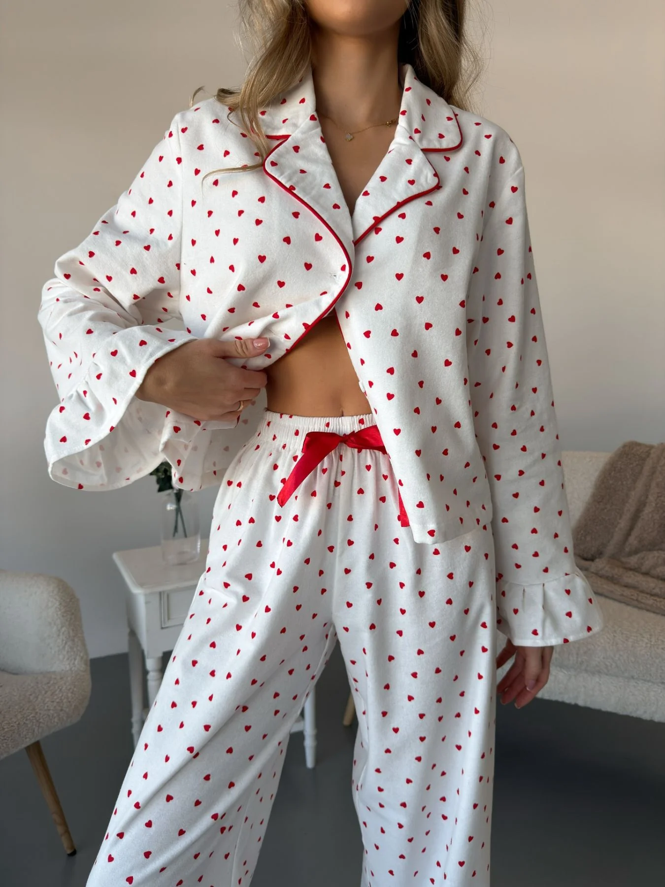 Heart Print Long Sleeve Top and Pants Lounge Set - Image 3